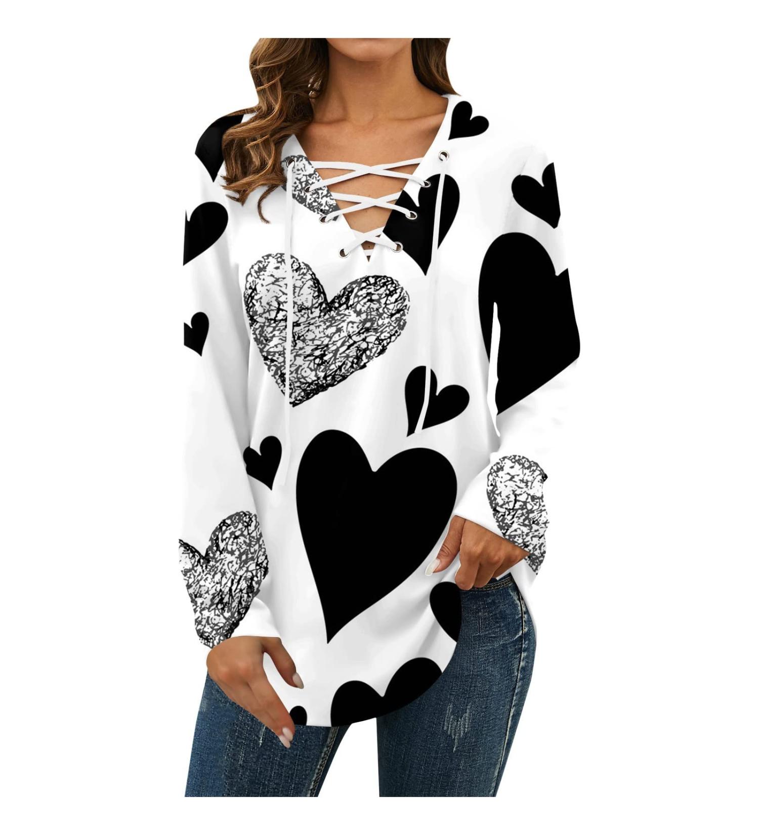 Womens Valentines Day Heart Print Long Sleeve Top | Drawstring V Neck Blouse | Loose Fit Casual Shirt | X-Large White - Buy Online on GoSupps.com