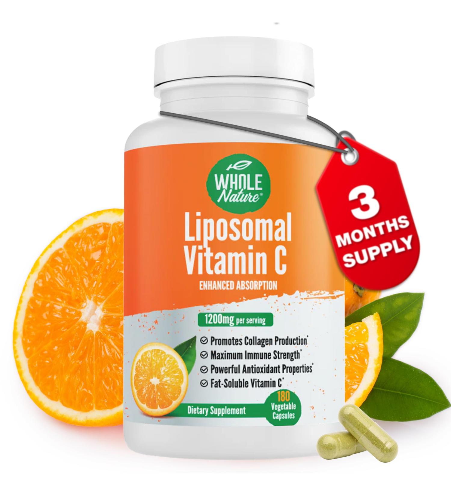 Whole Nature Liposomal Vitamin C Supplement Pills 1200 mg - High Absorption 180 Vegan Capsules Fat Soluble VIT C Maximum Strength Immune System and Collagen Booster Sunflower Lecithin - Buy Online on GoSupps.com