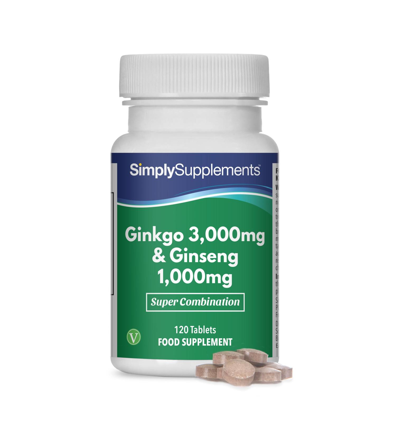 Ginkgo Biloba and Korean Ginseng (Panax) | 120 Tablets | Vegan Friendly | Up to 2 Months of Benefit | SimplySupplements - Buy Online on GoSupps.com