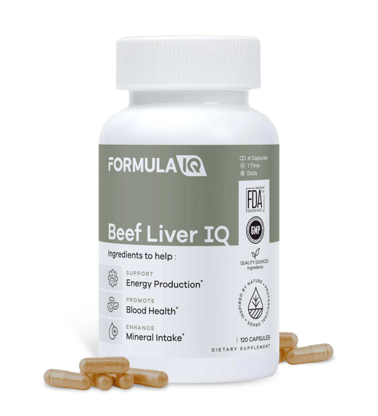 FIQ - Beef Liver IQ - Beef Liver Capsules - Supports Energy Production - Natural Iron Copper Vitamin A & Vitamin B - High Absorption - 120 Capsules - Buy Online on GoSupps.com