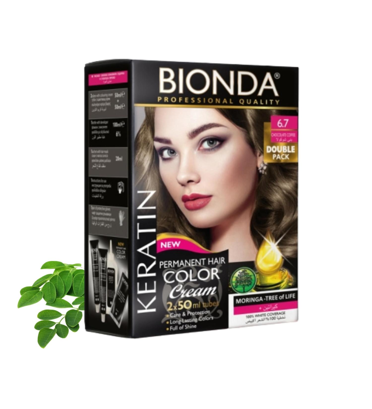 BIONDA Professional Permanent Hair color Color Cream 67 Chocolate Coffee 200ml Double suit Keratine & Moringa Care Longly intense color with gloss 100 gray coverage - Buy Online on GoSupps.com