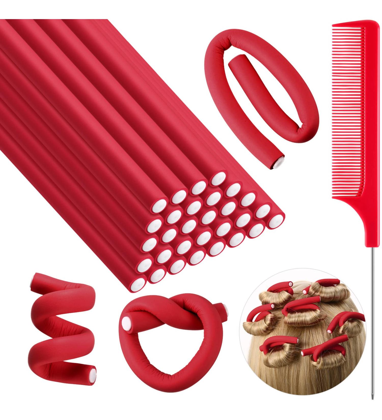 30 Flexible Foam Curlers & Steel Rat Tail Comb - No Heat Hair Styling for Long & Short Hair - Red Curling Iron Twist Set - Buy Online on GoSupps.com
