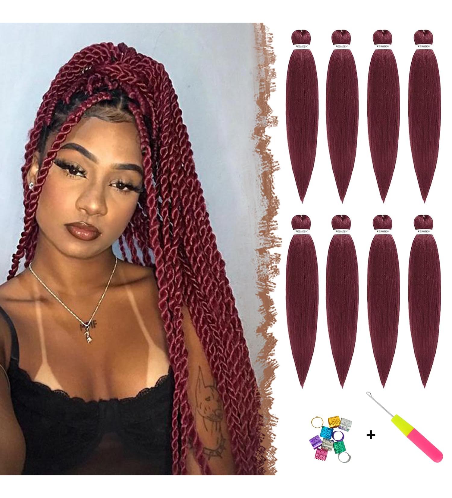 Feshfen Pre-Stretched Burgundy Braid Hair Extensions - 65cm Yaki Texture (8 Pack) for Easy Braiding - Buy Online on GoSupps.com