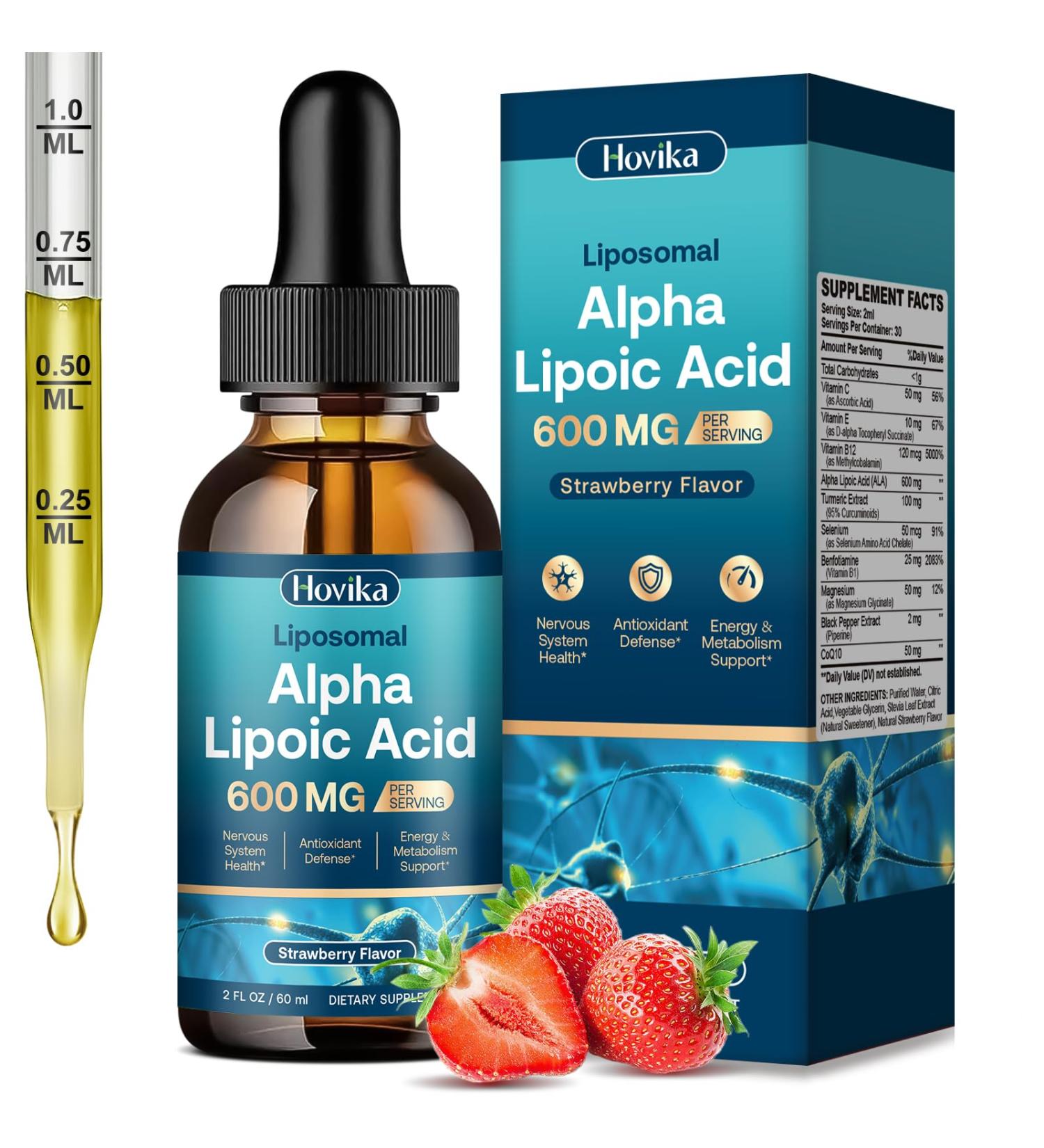 Hovika Liposomal Alpha Lipoic Acid Liquid Drops 600mg - Neuropathy Supplements Liquid for Nerve Energy & Metabolic Support with Benfotiamine Turmeric Selenium & C E & B12 Strawberry 2 Fl Oz - Buy Online on GoSupps.com