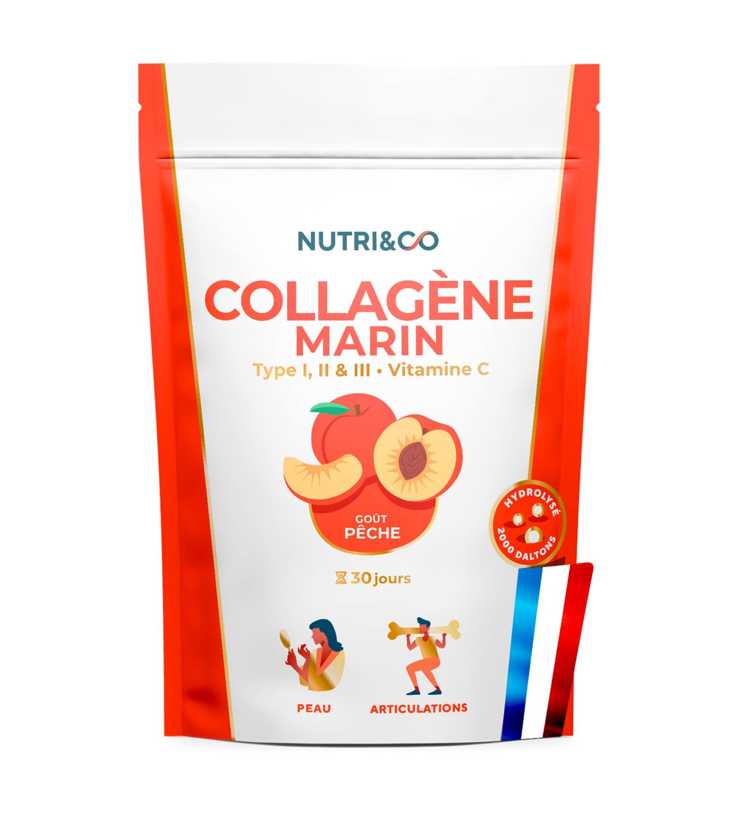NUTRI & CO Marine Collagen Types 1 2 3 + Vit C - Skin & Joints - 5500mg of Hydrolyzed Collagen Patented by Serving - Peptides Powder Peach Flavor 180g - Made in France - Buy Online on GoSupps.com