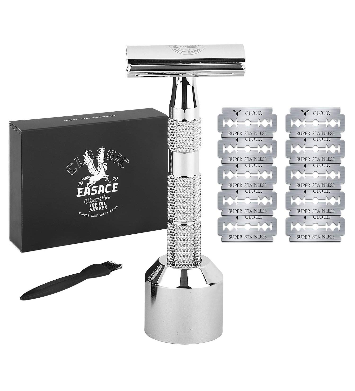 EASACE Long Handle Double Edge Safety Razor Kit - Metal Razor for Men and Women - Includes Stand, Cleaning Brush, and 10 Blades (Silver) - Buy Online on GoSupps.com