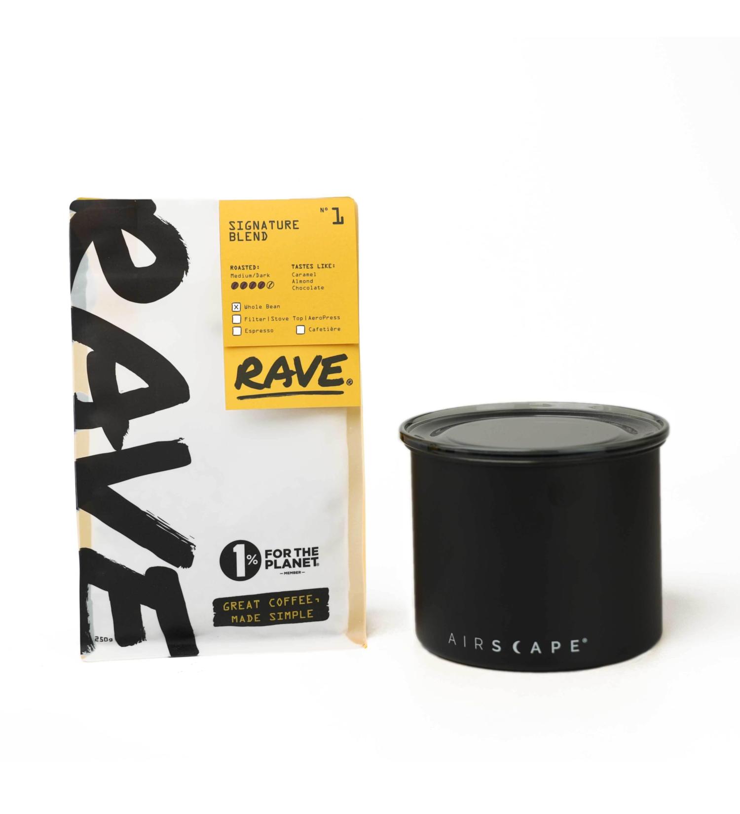 Rave Coffee Small Black Airscape with Rave Coffee Signature Blend N 1 Freshly Roasted Whole Beans Coffee 250g Black (Small) - Buy Online on GoSupps.com