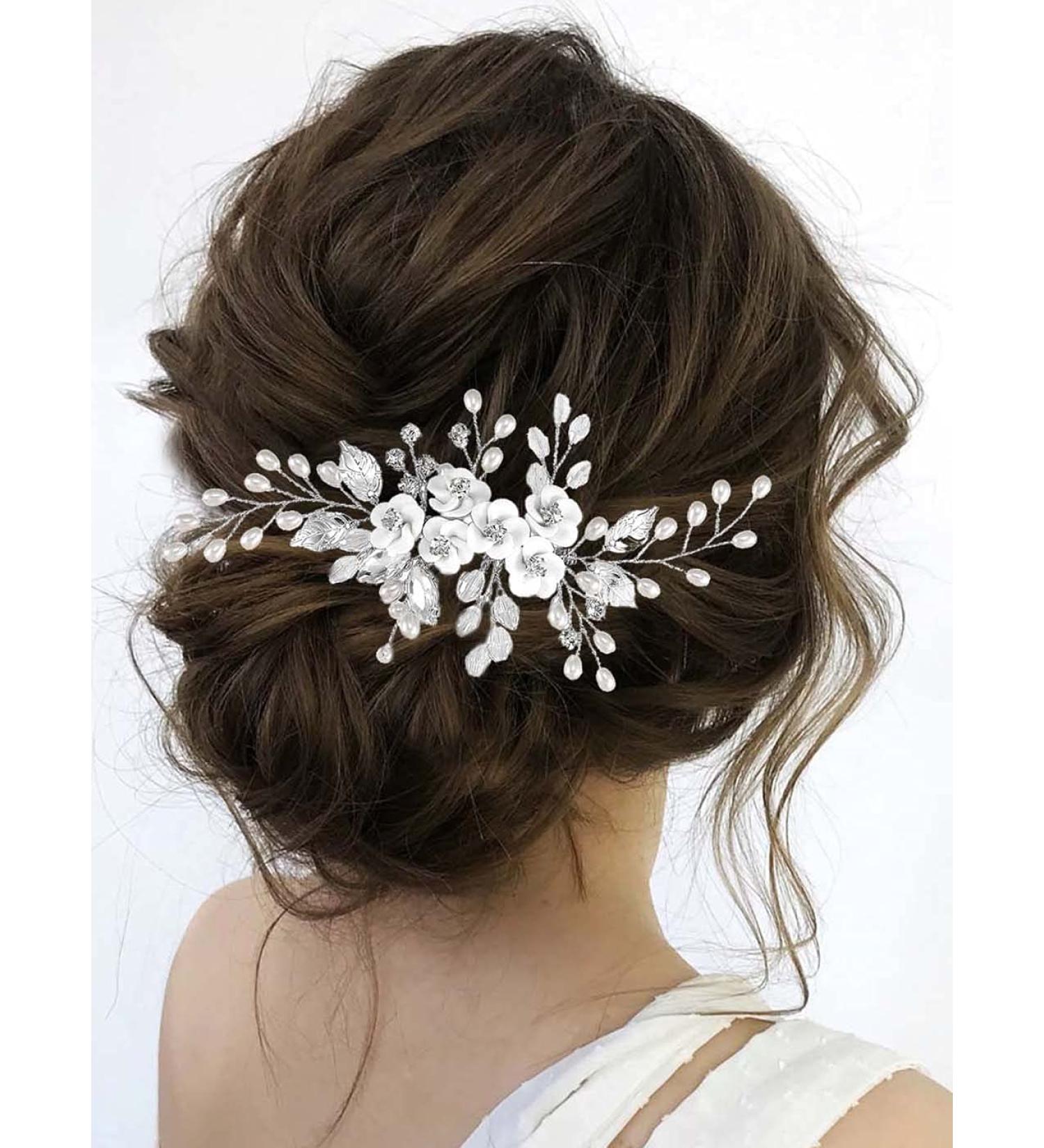 Latious Silver Flower Bride Wedding Hair Comb Pearl Crystal Bridal Side Comb for Women and Girls