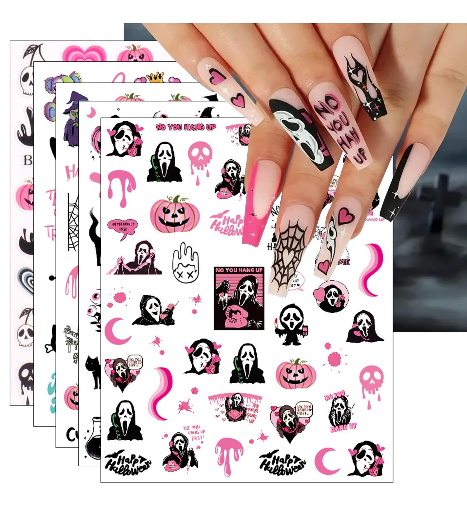 Pink Halloween Nail Stickers 10 Sheets Self-Adhesive Nail Decal Ghost Skull Witch Nail Art Decoration Design Supplies - Buy Online on GoSupps.com