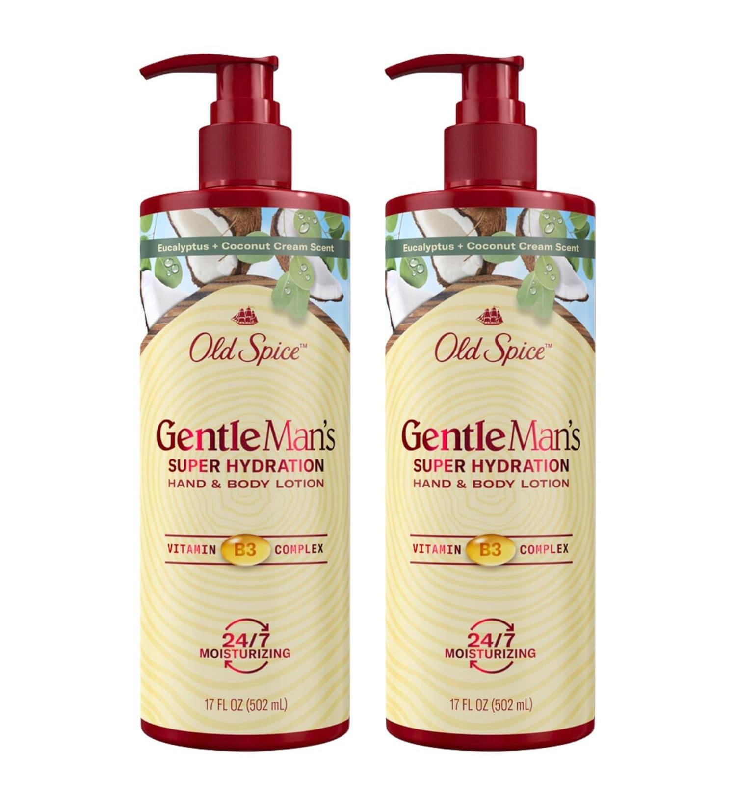 Old Spice Hand & Body Lotion for Men Gentleman's Super Hydration 24/7 Moisturizing with Vitamin B3 Complex Fast Absorping Eucalyptus & Coconut Cream 17 oz (Pack of 2) Eucalyptus & Coconut Cream 17 Fl Oz (Pack of 2) - Buy Online on GoSupps.com