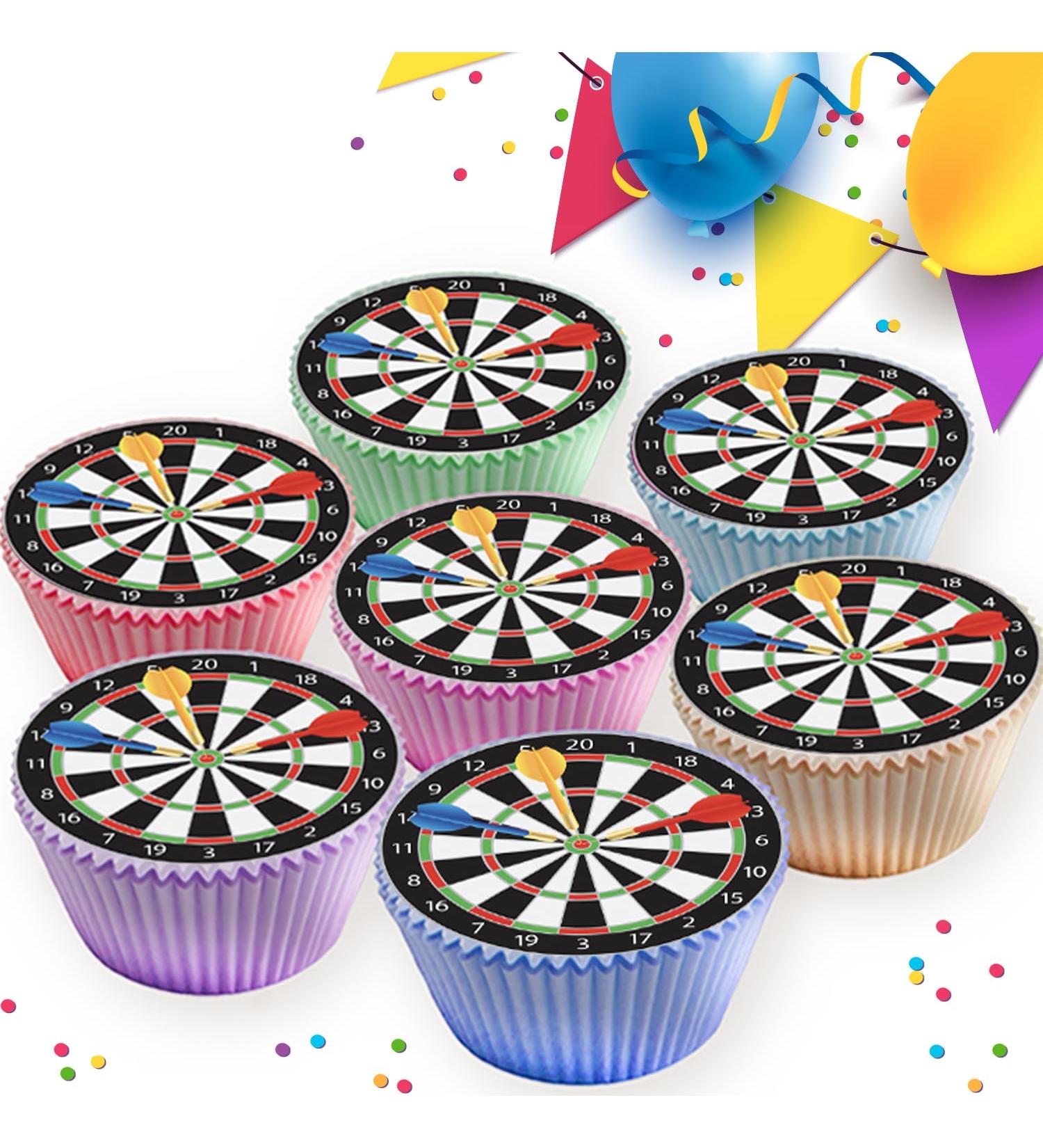 DART DARTBOARD ARROWS EDIBLE ICING CUPCAKE TOPPERS DECORATIONS x 24