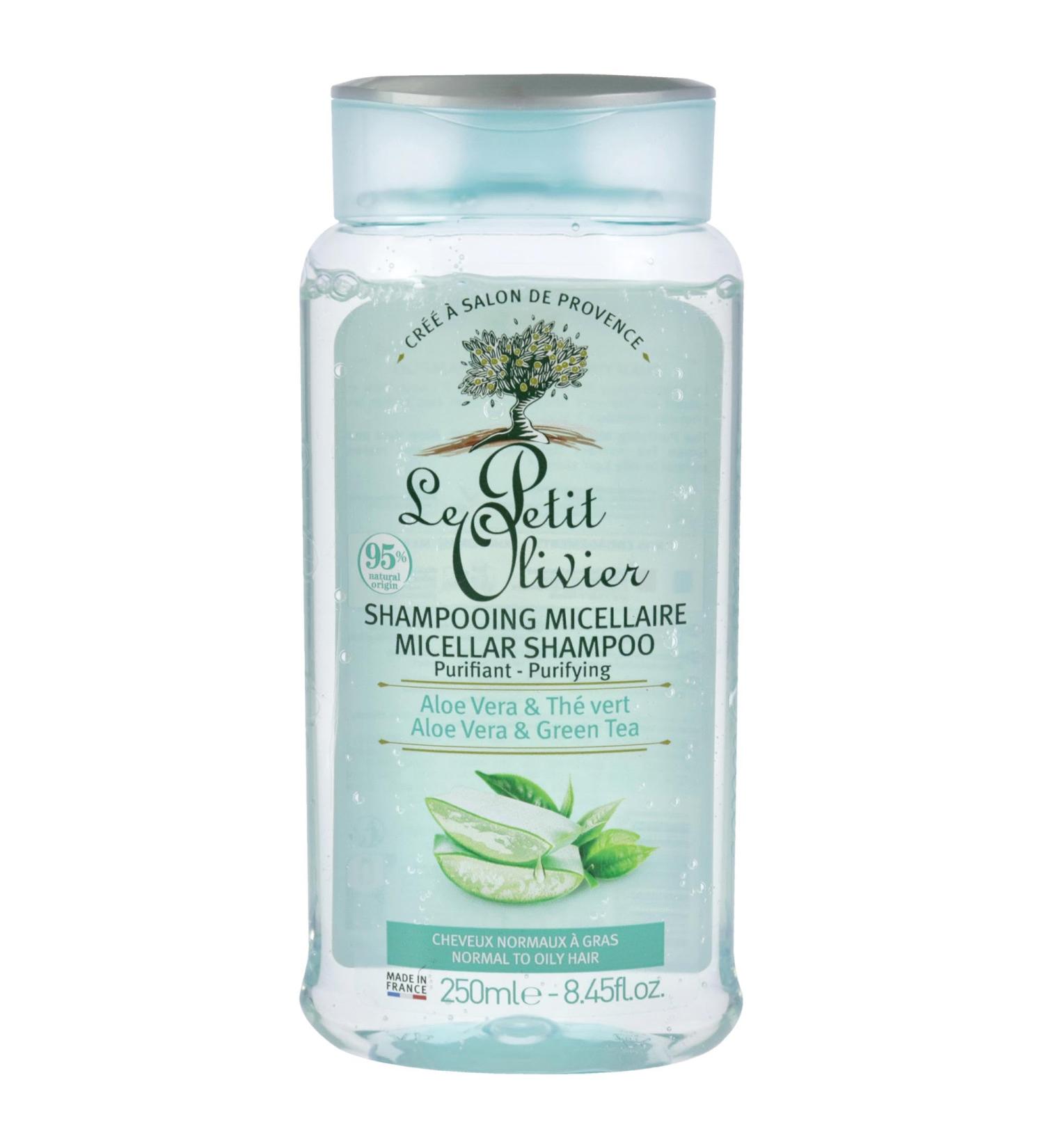 LE PETIT OLIVIER - Shampooing Micellaire Soin Purifiant - Aloe Vera & Th Vert - Purifie & All ge - Cheveux Normaux Gras - Sans Silicone & Sans Sulfate - Fabriqu en France - 250 ml 250 ml (Lot de 1)