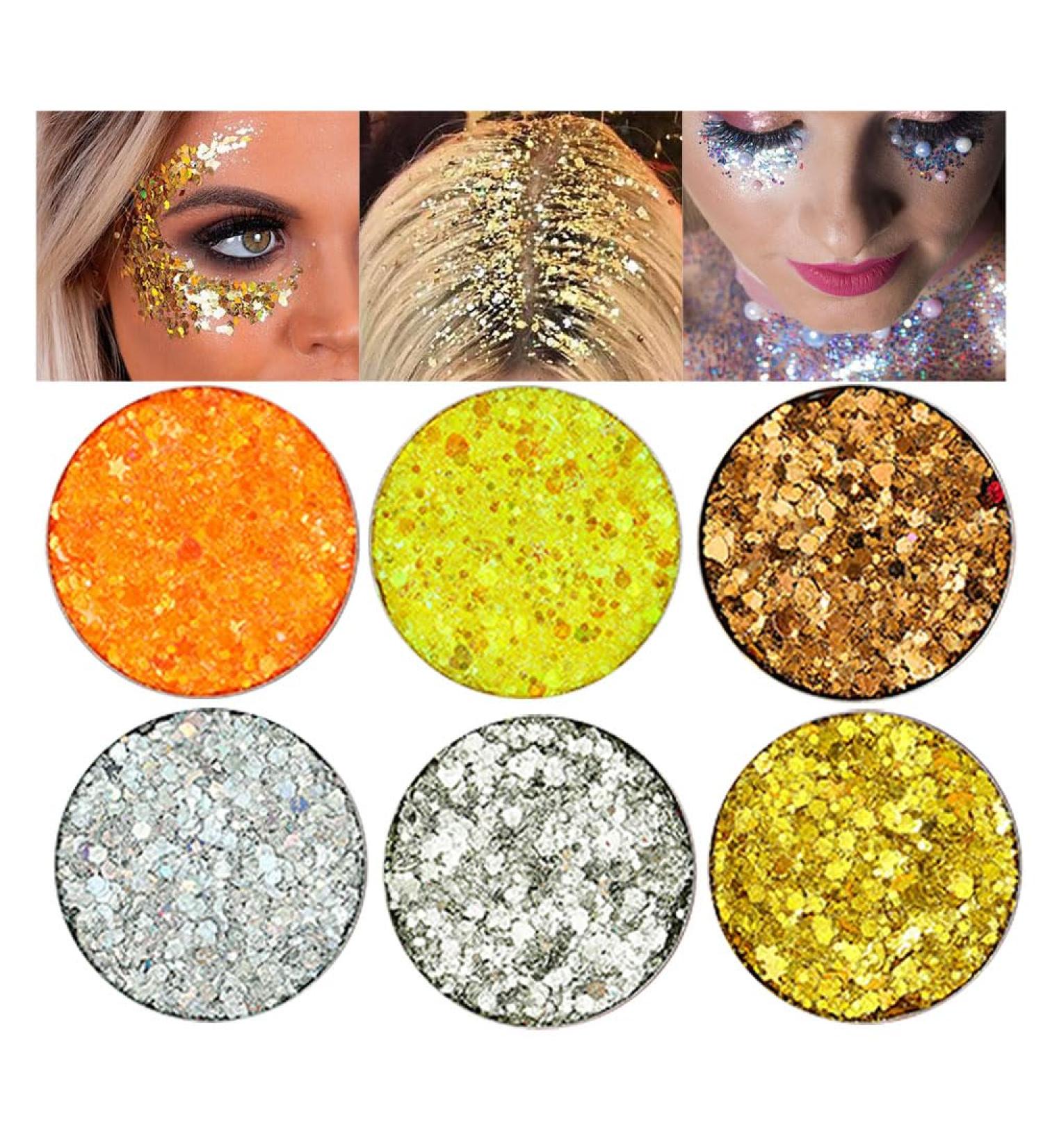 Shop 6 Colors Holographic Face Body Glitter Gel Perfect for Concerts Festivals & Mermaid Makeup Orange Gold Silver White Pink Sequins Face Paint for Women - Buy Online on GoSupps.com