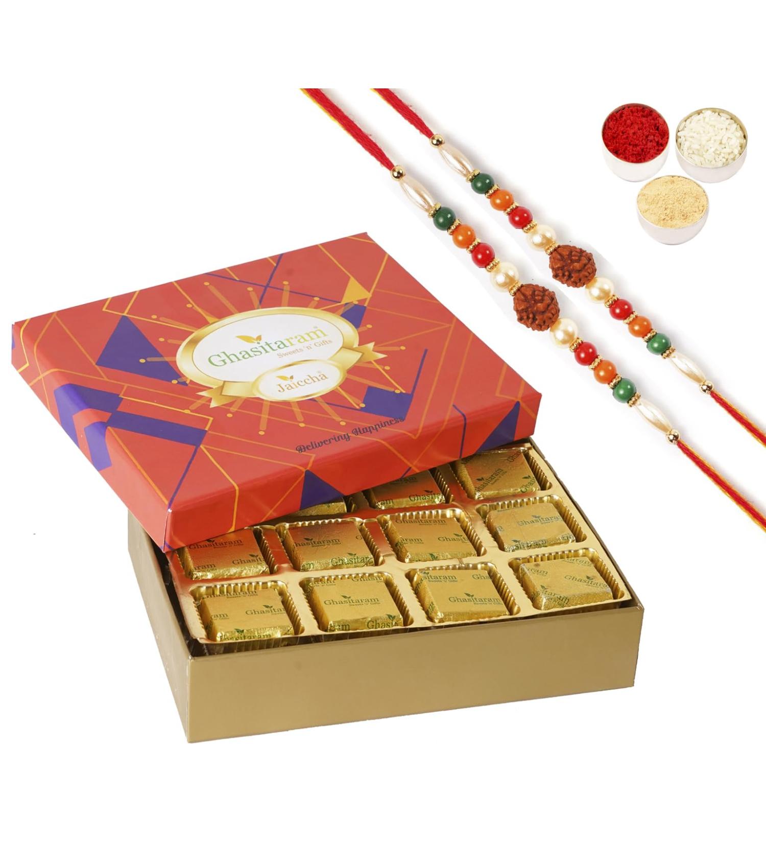 Ghasitaram Gifts Jaiccha Rakhi for Brother Mewa Bites in Premium Box 12 pcs with 2 Rudraksh rakhis - Buy Online on GoSupps.com