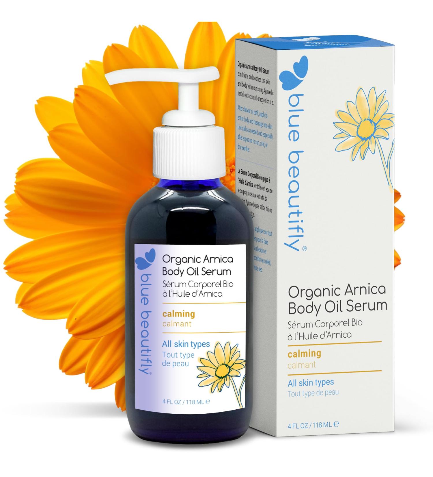 Blue Beautifly Organic Arnica Body Oil Serum | Relieves Muscle & Joint Pain | Ashwagandha Gotu Kola & Comfrey | 4 fl oz | USDA Certified - Buy Online on GoSupps.com