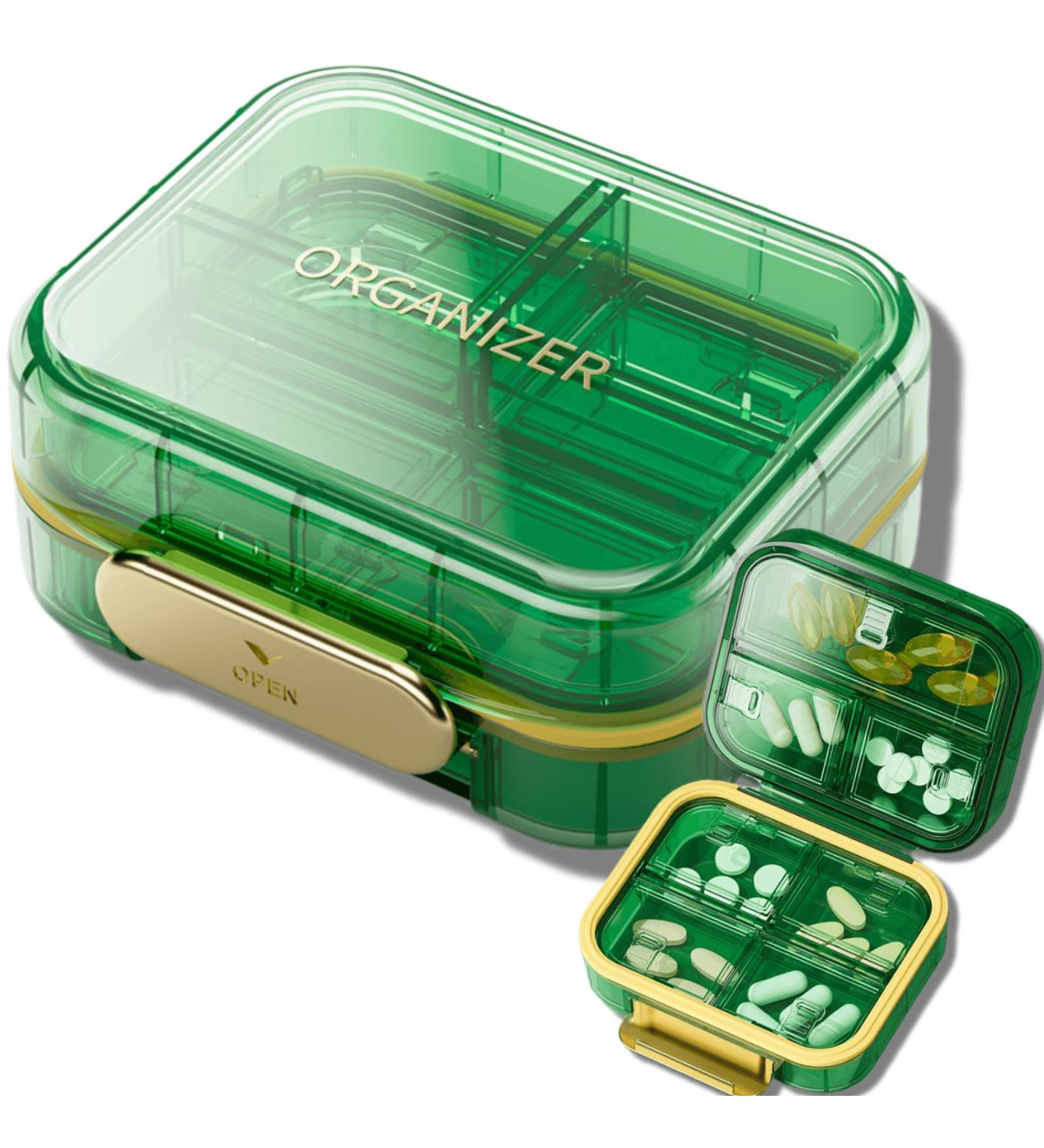 Weekly Pill Organizer - 7 Compartment Portable Moisture-Proof Travel Case for Vitamins Supplements & Medication - Green - Buy Online on GoSupps.com