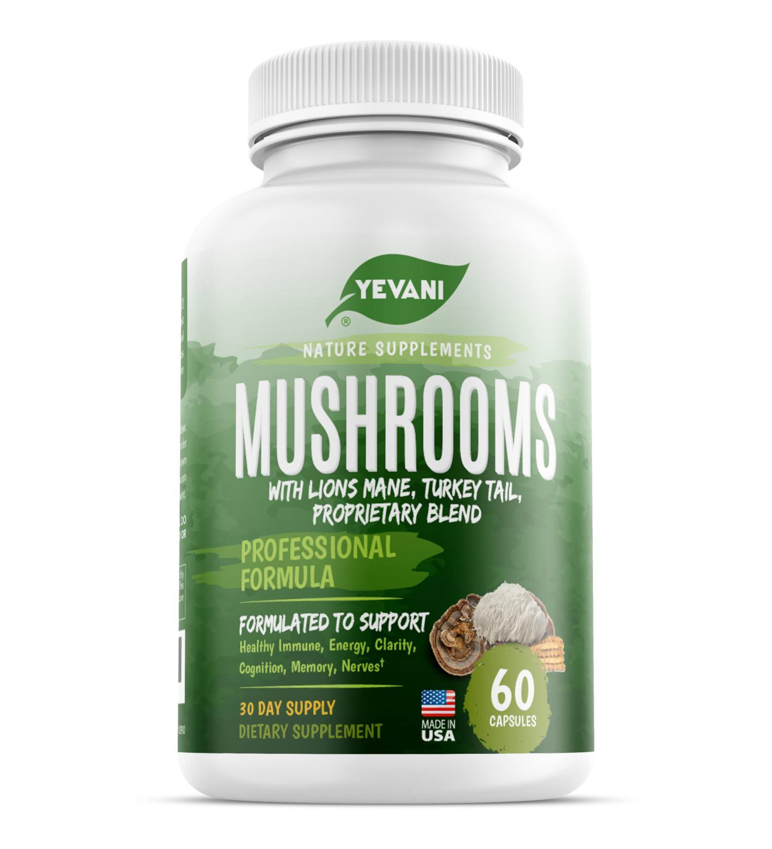 YEVANI 100% Pure Mushroom Supplement for Immune Energy Clarity Cognition Memory Nerves Support - Lions Mane Cordyceps Reishi Turkey Tail with Powerful Mushroom Blend - Buy Online on GoSupps.com