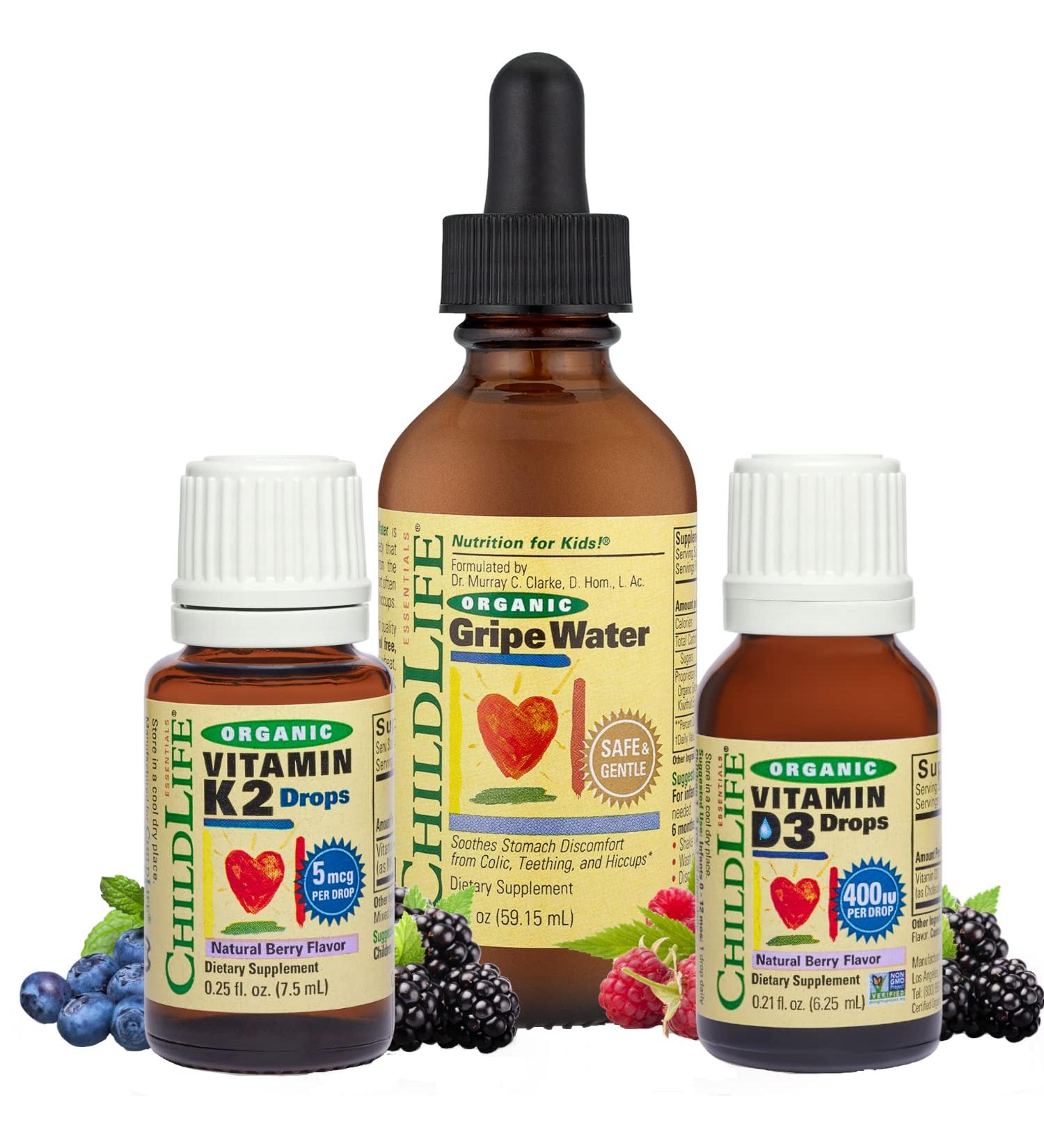 ChildLife Essentials Organic Baby Bundle - Vitamin D3 & K2 Berry Liquid + Gripe Water | USDA Certified Organic Natural Relief for Babies - Buy Online on GoSupps.com