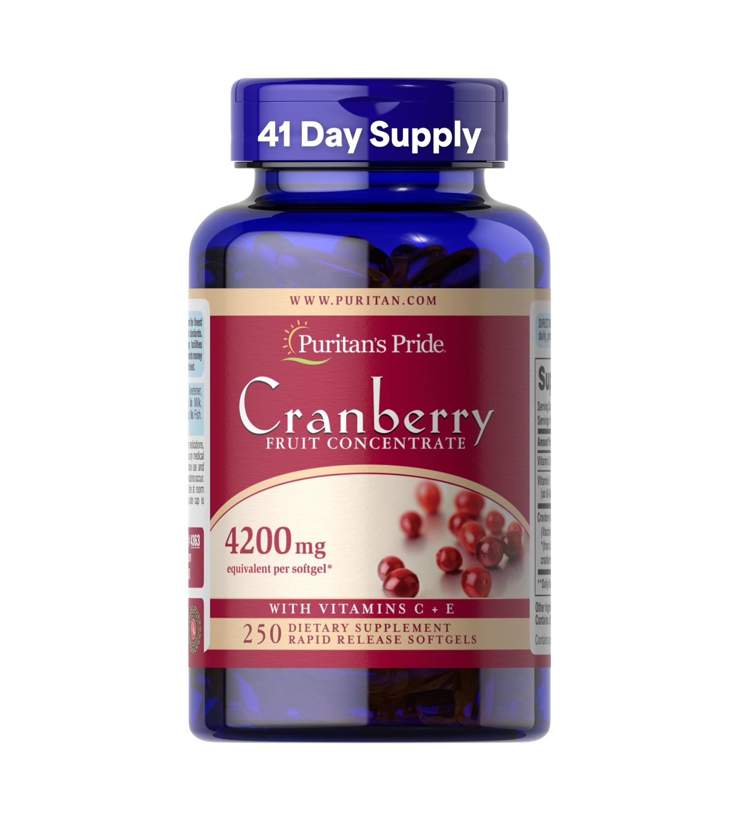 Puritan's Pride Premium Cranberry Fruit Concentrate 84 mg (4200 mg equivalent) with Vitamins C and E Dietary Supplement for Immune System Support 4 Month Supply 250 Rapid Release Softgels - Buy Online on GoSupps.com