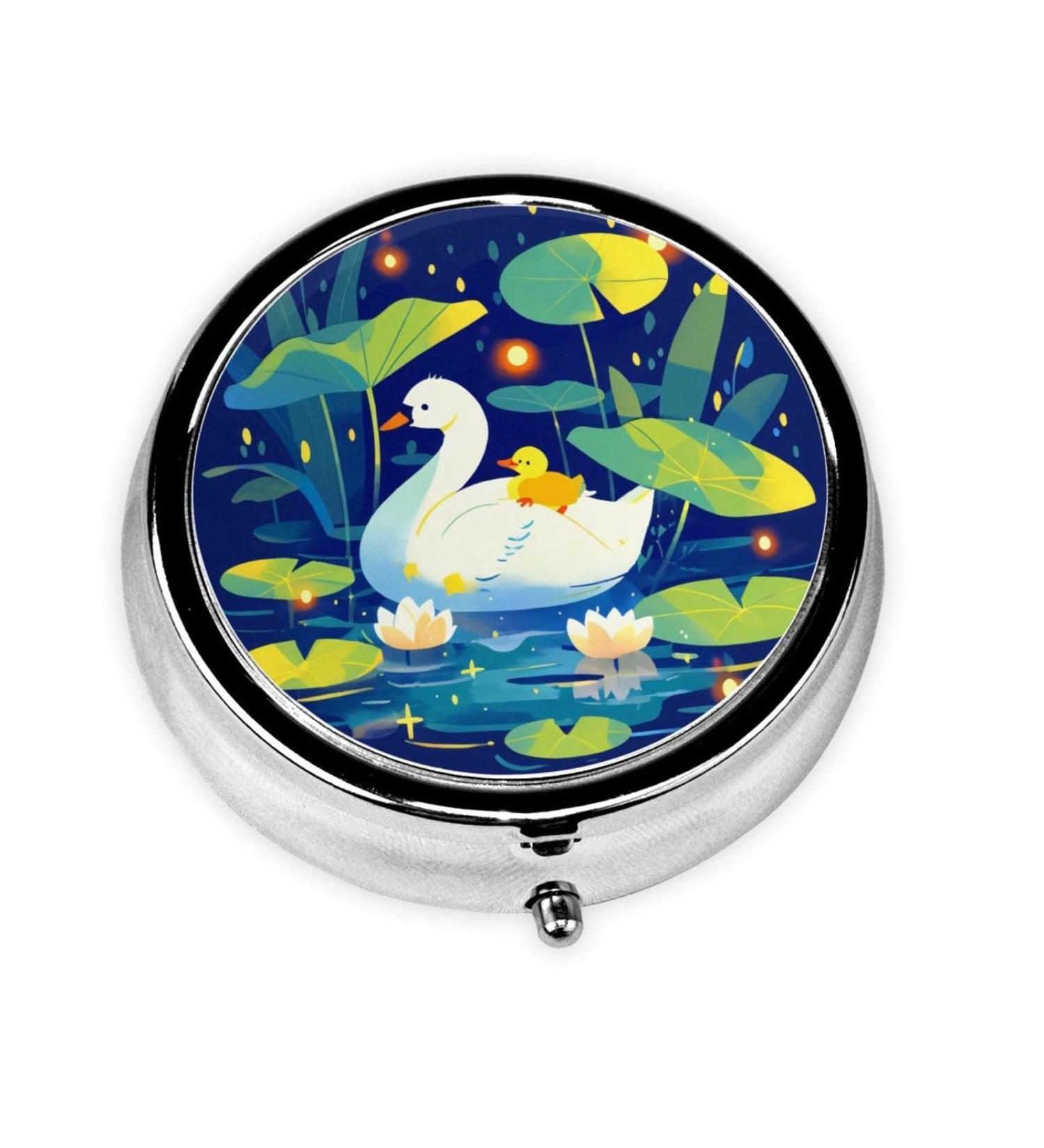 Portable Duckling and Mother Metal Pill Box | Round Mini 3-Compartment | Ideal for Small Pills | Travel-Friendly Design | Black - Buy Online on GoSupps.com