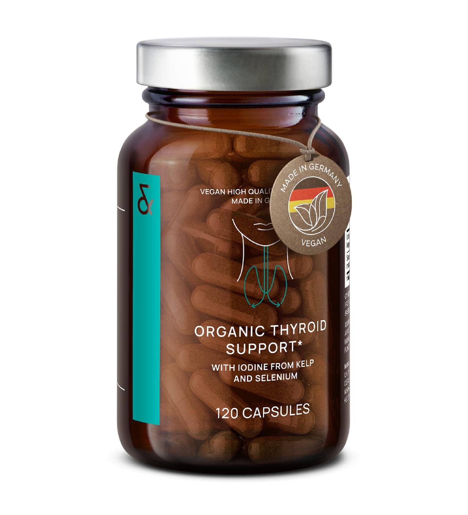 Organic Thyroid Support Supplement with Iodine from Sea Kelp Organic and Selenium from Mustard Seed Extract - 120 Capsules - Natural Thyroid Supplement for Men & Women - Vegan and Gluten Free - Buy Online on GoSupps.com