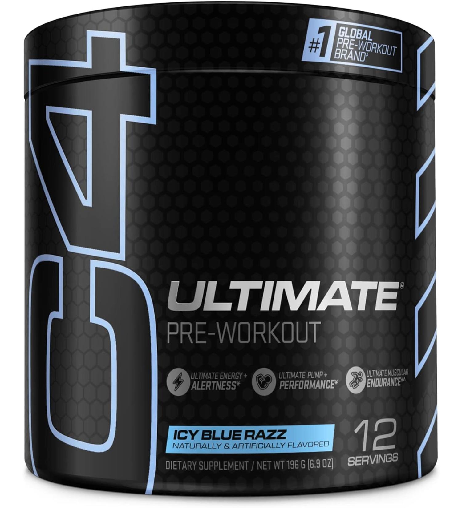 Cellucor C4 Ultimate Icy Blue Raz Pre Workout Powder - Sugar Free Energy Supplement for Men & Women | 300mg Caffeine + 3.2g Beta Alanine + 2 Patented Creatines | 12 Servings - Buy Online on GoSupps.com