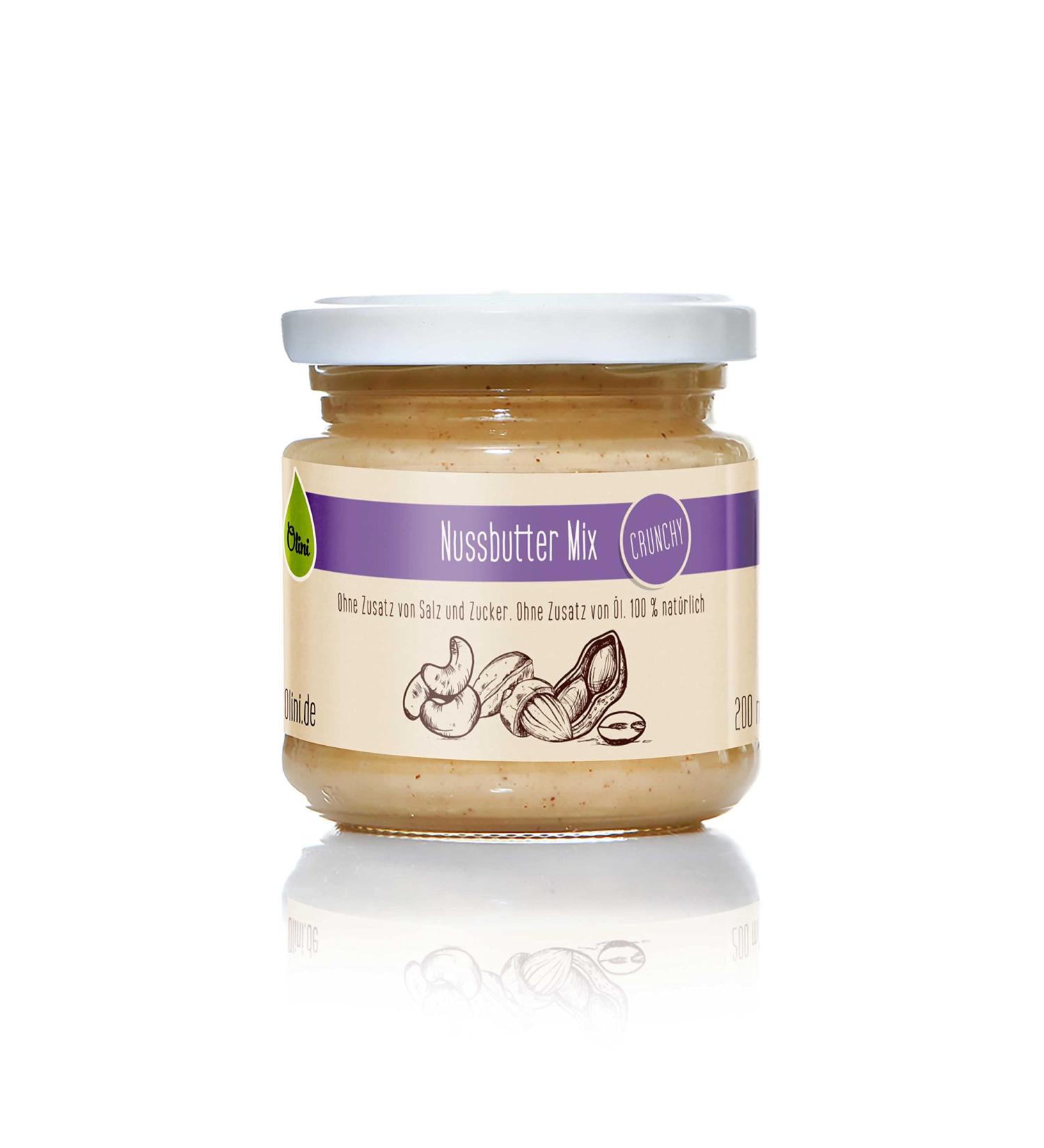 Olini Knusper-Nussbutter-Mix Combination of peanuts cashew nuts and almonds 1 glass x 200 ml 100% naturally without added salt without adding sugar free of palm oil snack for vegan