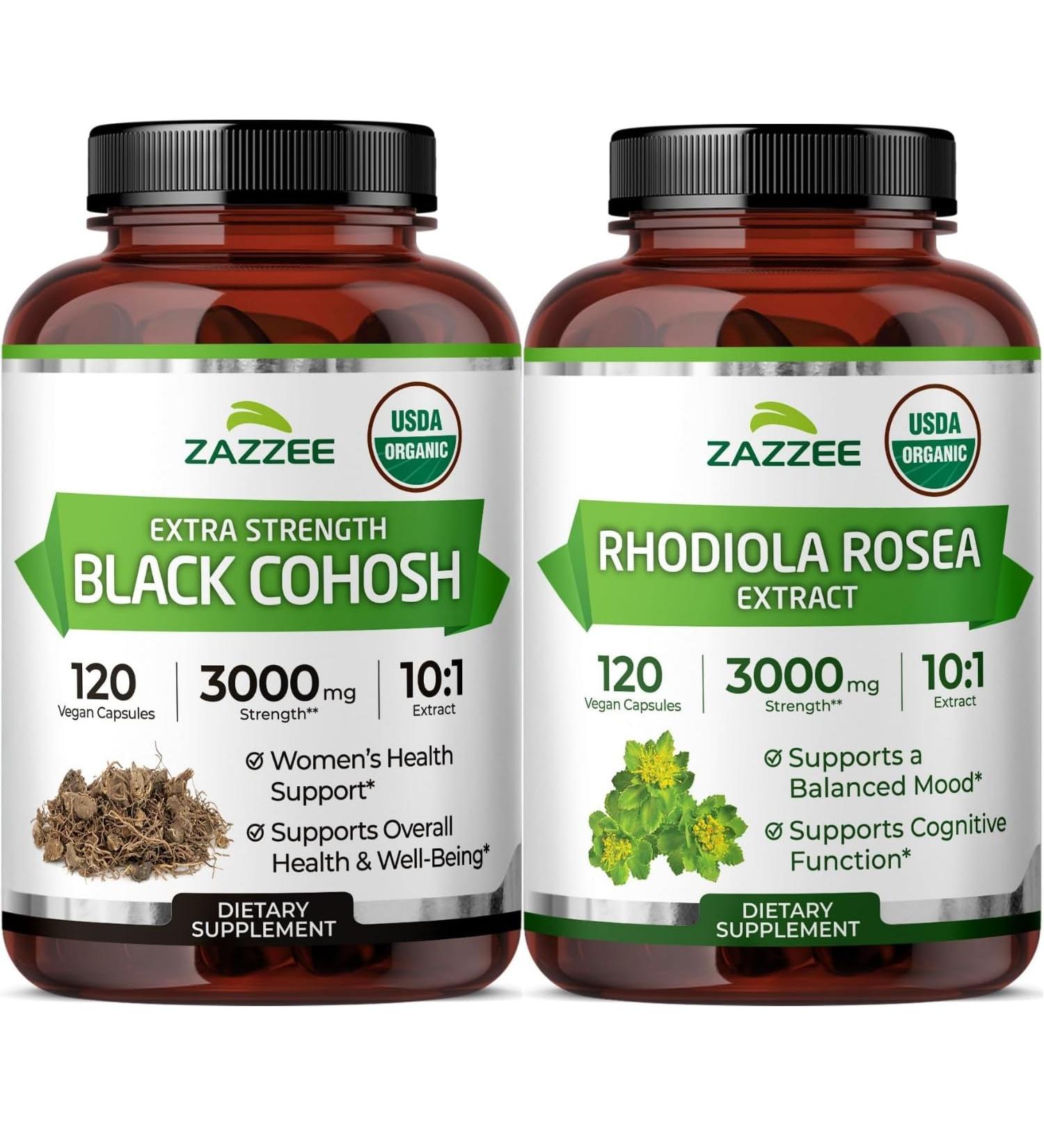 Zazzee Organic Rhodiola Rosea and Organic Black Cohosh Capsules | Rhodiola Plus Black Cohosh for Menopause Hot Flashes Night Sweats & Mood Support | Menopause Support Bundle - Buy Online on GoSupps.com