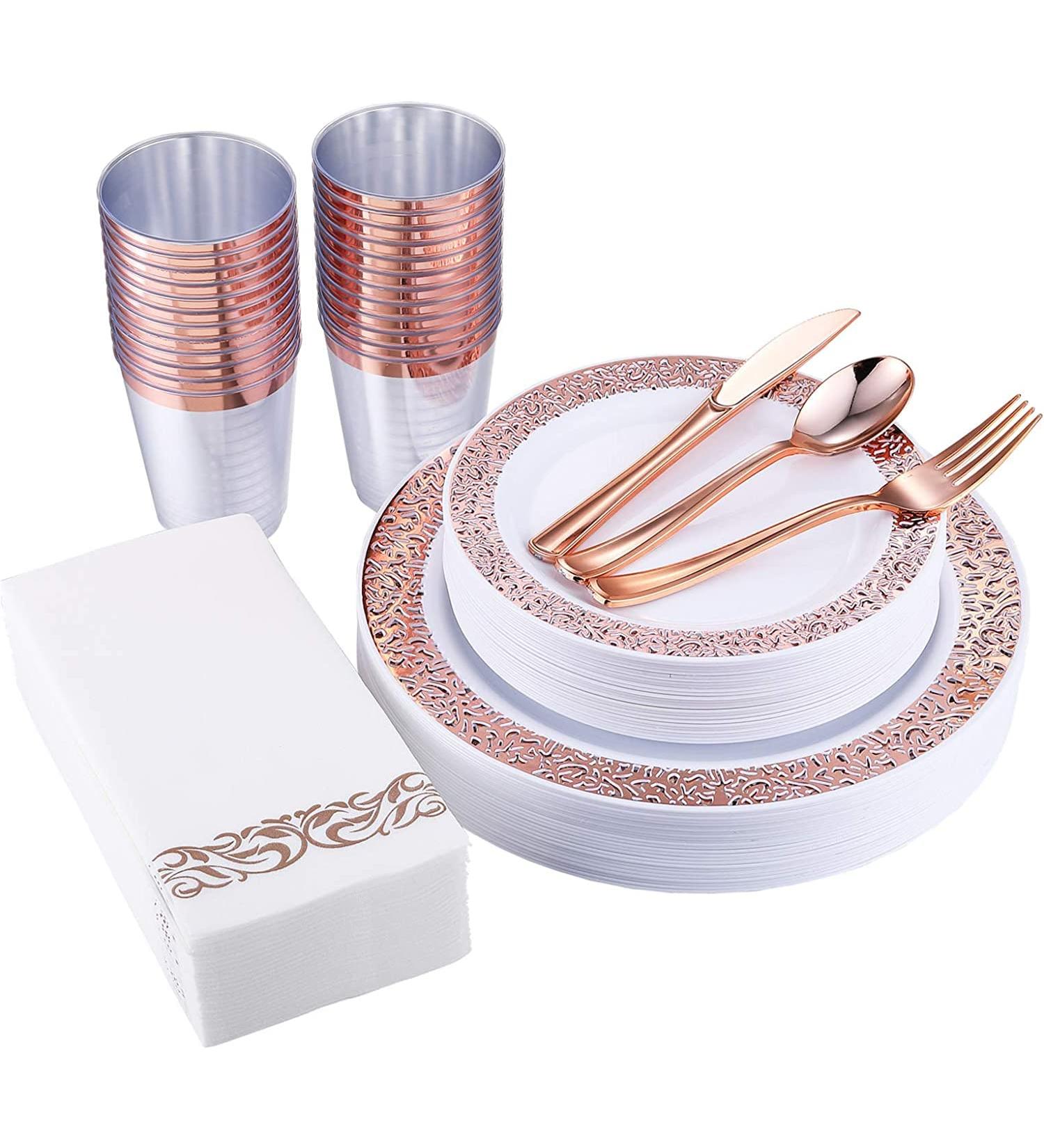 175 Piece Rose Gold Dinnerware Set -Disposable Dinnerware Set with 25 Guest-50 Rose Gold Rim Plastic Plates-25 Rose Gold Plastic Silverware-25 Rose Gold Plastic Cups-25 Linen Like Paper Napkins - Buy Online on GoSupps.com