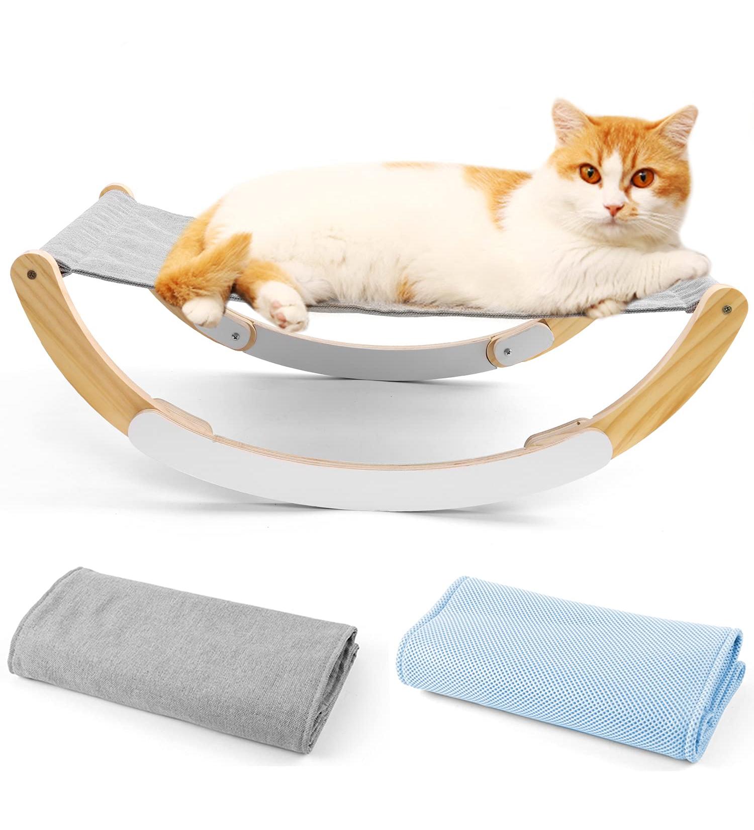 Odoland Cat Hammock Bed with Spare Blanket - Indoor Outdoor Wooden Frame Pet Bed for Cats and Small Dogs - Rocking Hammock for Winter and Summer - Buy Online on GoSupps.com