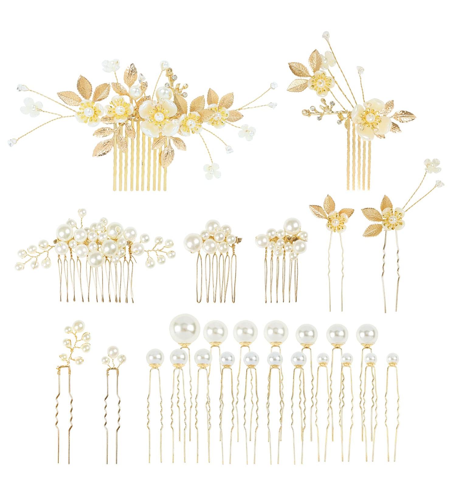 Cinaci 27 Pack Gold Rhinestone Leaf Flower Hair Combs & Pearl Pins Set - Wedding Hair Accessories for Women, Brides, Bridesmaids - Buy Online on GoSupps.com