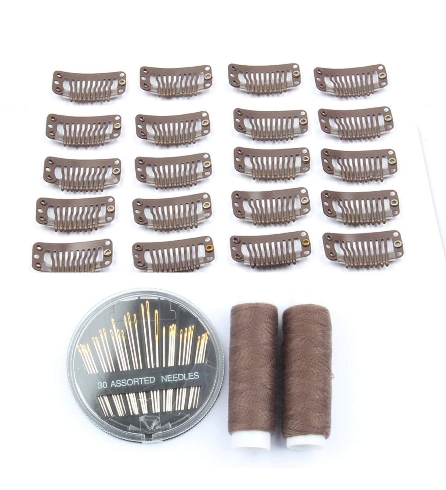 50pcs Stainless Steel Hair Extension Clips Wigs Combs + 2pcs Weaving Thread & Needles Set - Dark Brown - Buy Online on GoSupps.com