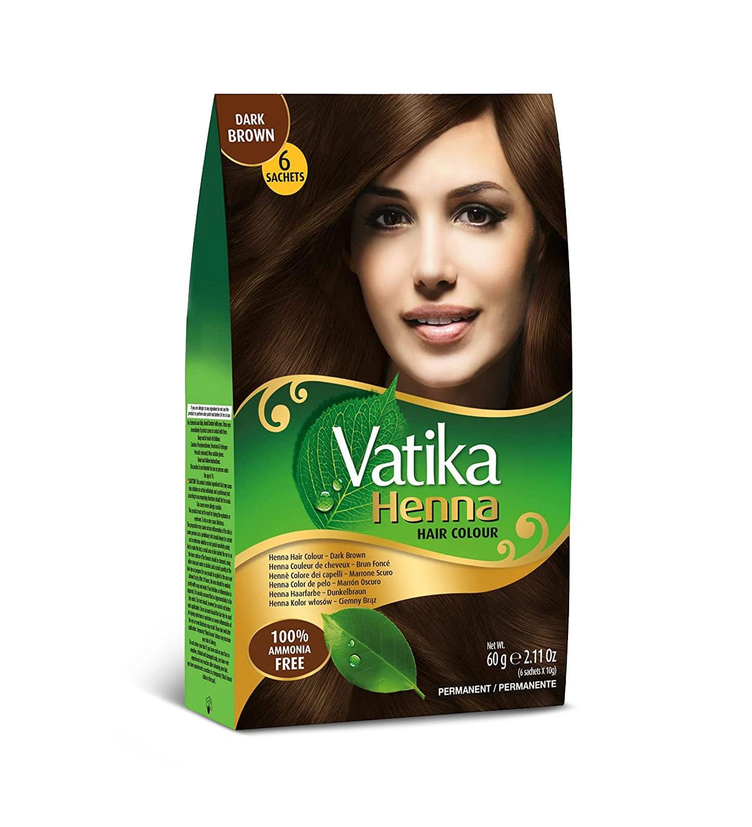 Dabur Vatika Henna Hair Color - 100% Grey Coverage, Zero Ammonia Dye for Strong & Shiny Hair - 6 Sachets X 10g (Dark Brown) - Buy Online on GoSupps.com
