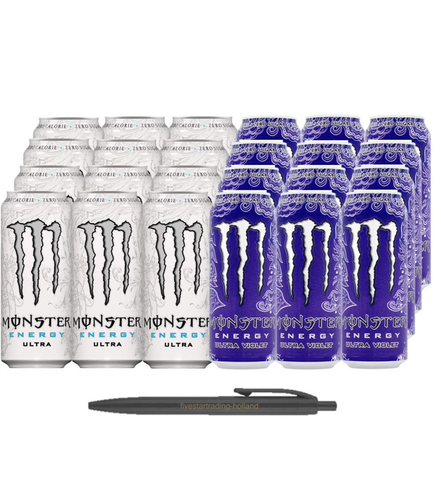 Sugar Free Energy: 1x12 Monster Ultra Violet and 1x12 Monster Ultra White (total 24 x 0.5 L can) Incl. FiveStar Gra pen - Buy Online on GoSupps.com