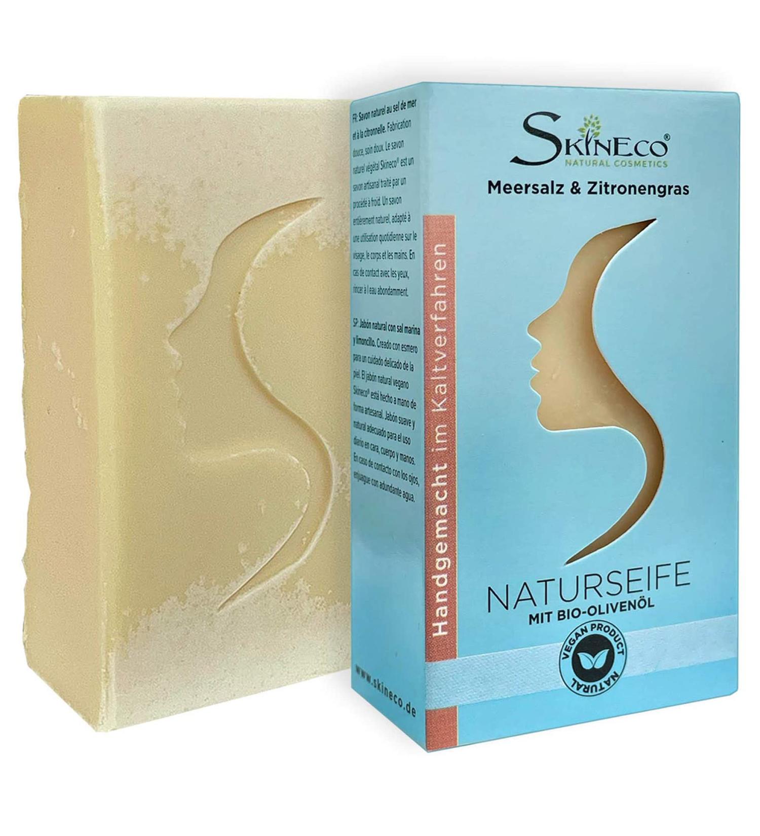  Skineco Natural soap | Sustainable shower soap with lemongrass sea salt organic olive oil | Body soap | Handmade natural cosmetics | Face and skin soap | Gentle solid shower gel | Vegan - Buy Online on GoSupps.com