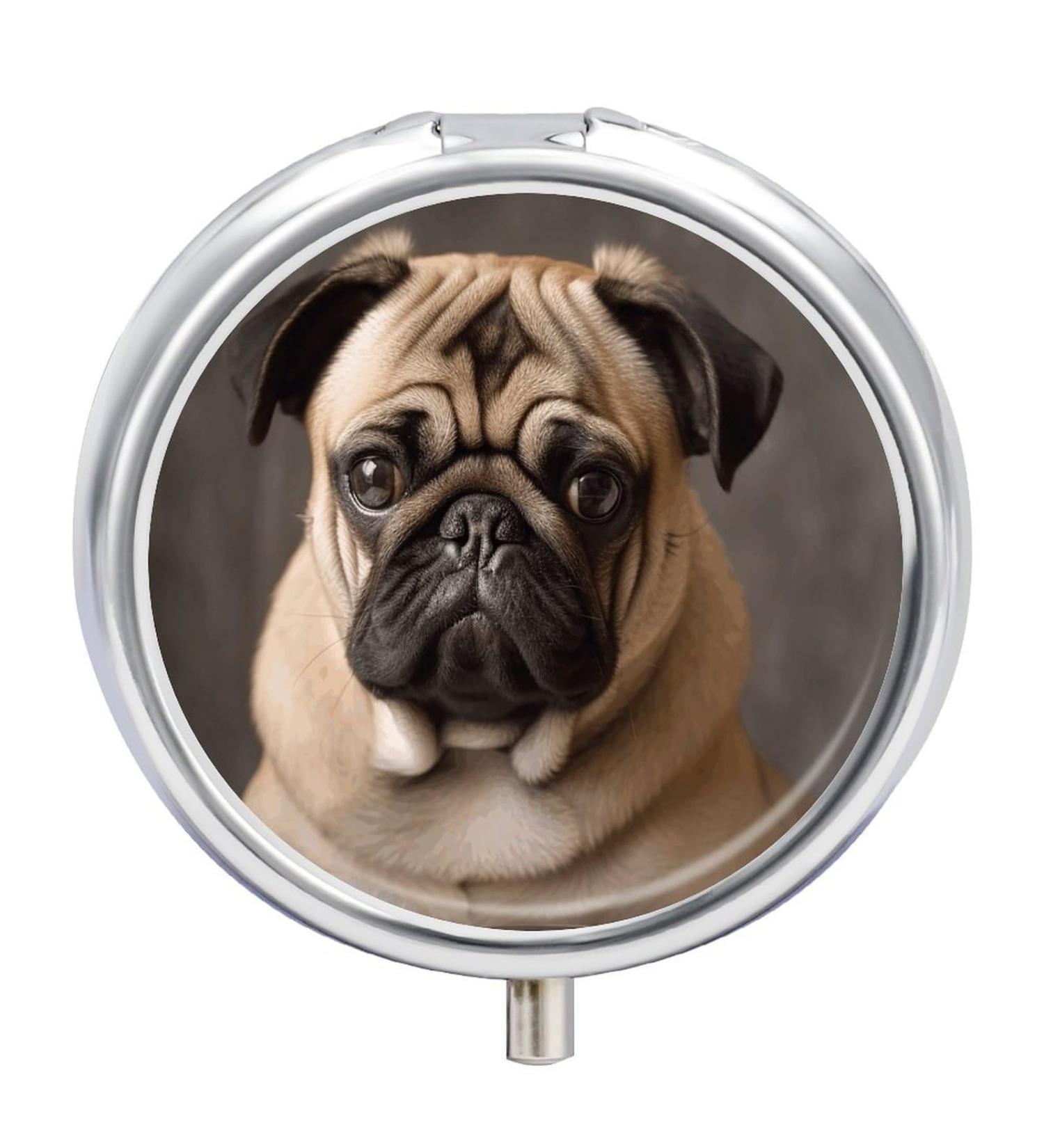 Round Pill Box with Pug Dog Print - 3 Compartment Decorative Metal Pill Organizer | Portable Pocket Pill Case - Buy Online on GoSupps.com