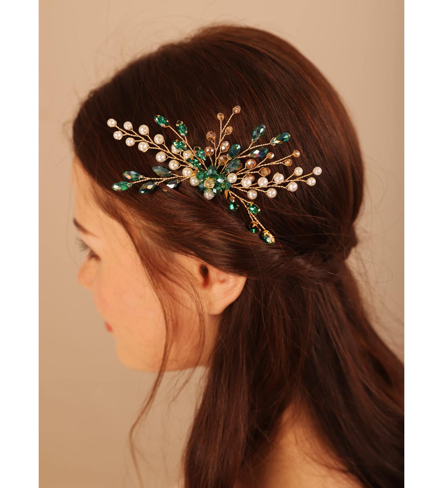 Deniferymakeup Green Crystal Emerald Gold Hair Comb for Wedding Brides Bridesmaid Hair Accessory for Women and Girls Ball Prom Party - Buy Online on GoSupps.com