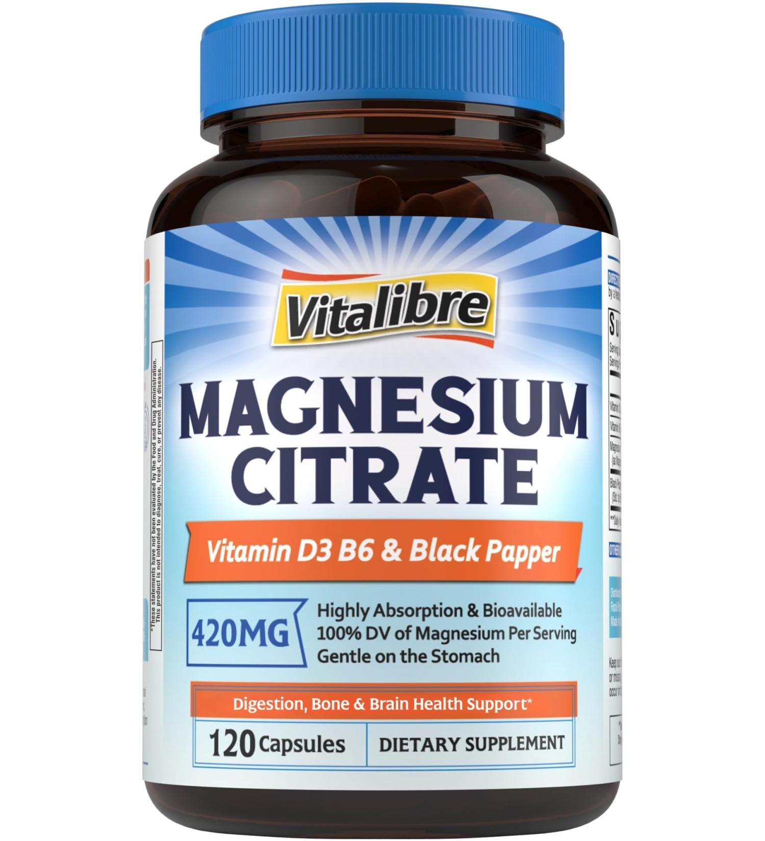 Magnesium Citrate Supplement with Vitamins D3 & B6 420 mg Elemental citrato de magnesio Bone Health Relaxed Brain Nerves Enhanced Absorption with Black Pepper 120 Capsules Non-GMO 120 Count (Pack of 1) - Buy Online on GoSupps.com