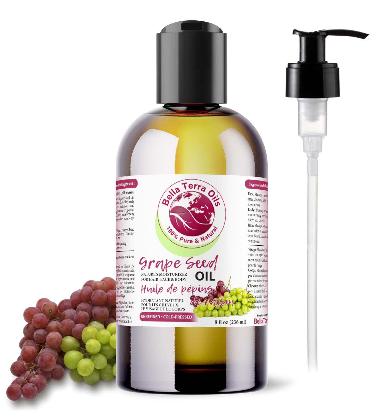 Grape Seed Oil. 236ml. 100% Pure. Cold-pressed. Unrefined. Organic. Rich in Vitamins. Chemical-free. Soothes Skin. Nourishes Hair. Natural Moisturizer for Hair Skin Nails Beard Stretch Marks. Bella Terra Oils. 236 ml (Pack of 1) - Buy Online on GoSupps.com