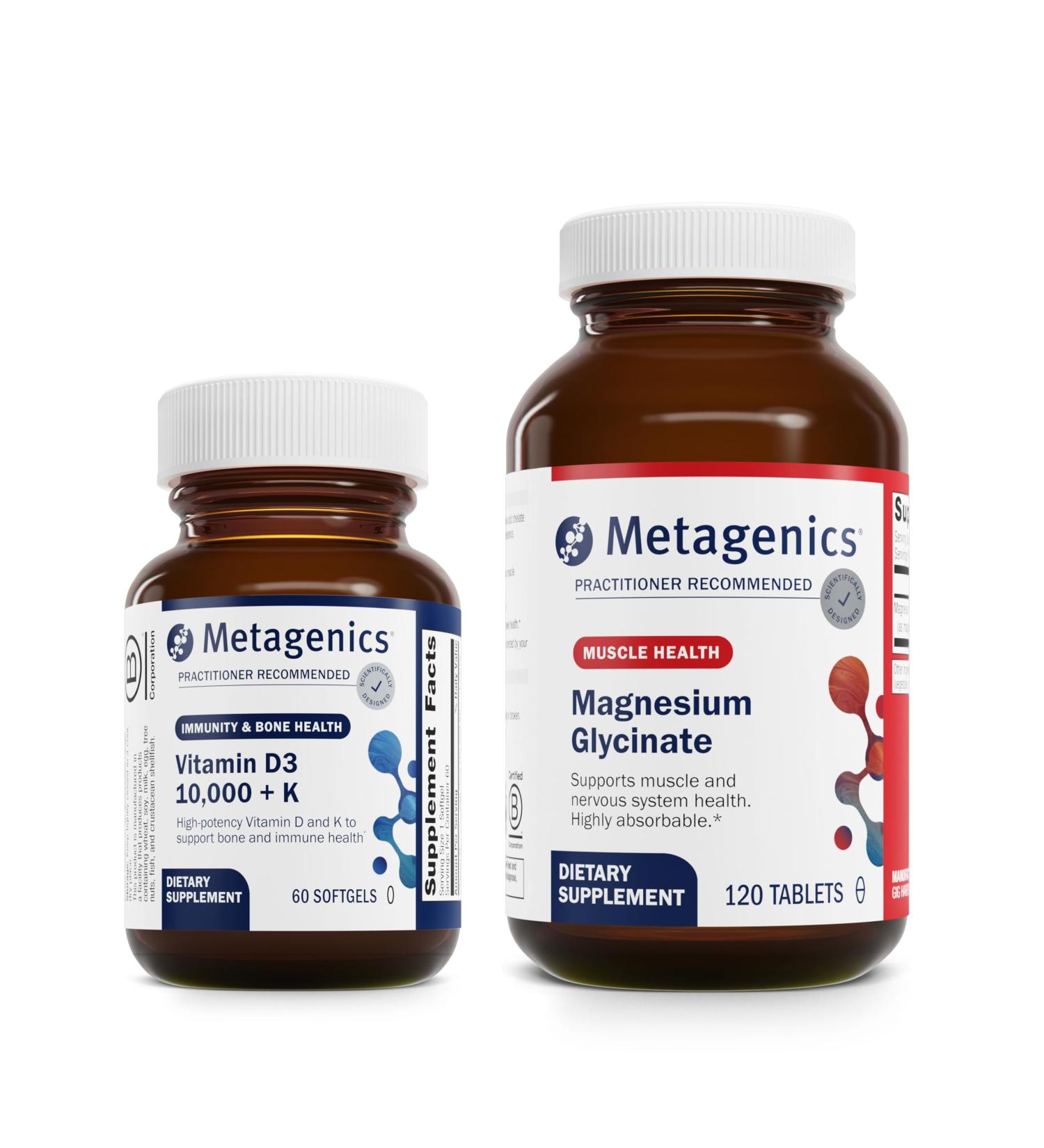 Metagenics Bundle - D3 10 000 + K & Magnesium Glycinate - 60 Softgels of D3 for Immune Support Bone Health & Heart Health* - 120 Tablets of Magnesium Glycinate for Nervous System Support* - Buy Online on GoSupps.com