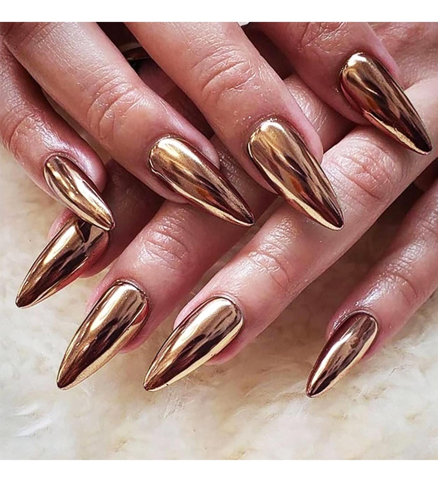 Bronze Chrome Press on Nails - Medium Almond & Stiletto | Bling Design Glossy Mirror Metal Acrylic - Perfect for Daily Party Wear | Stick on Nails for Women & Girls - Buy Online on GoSupps.com