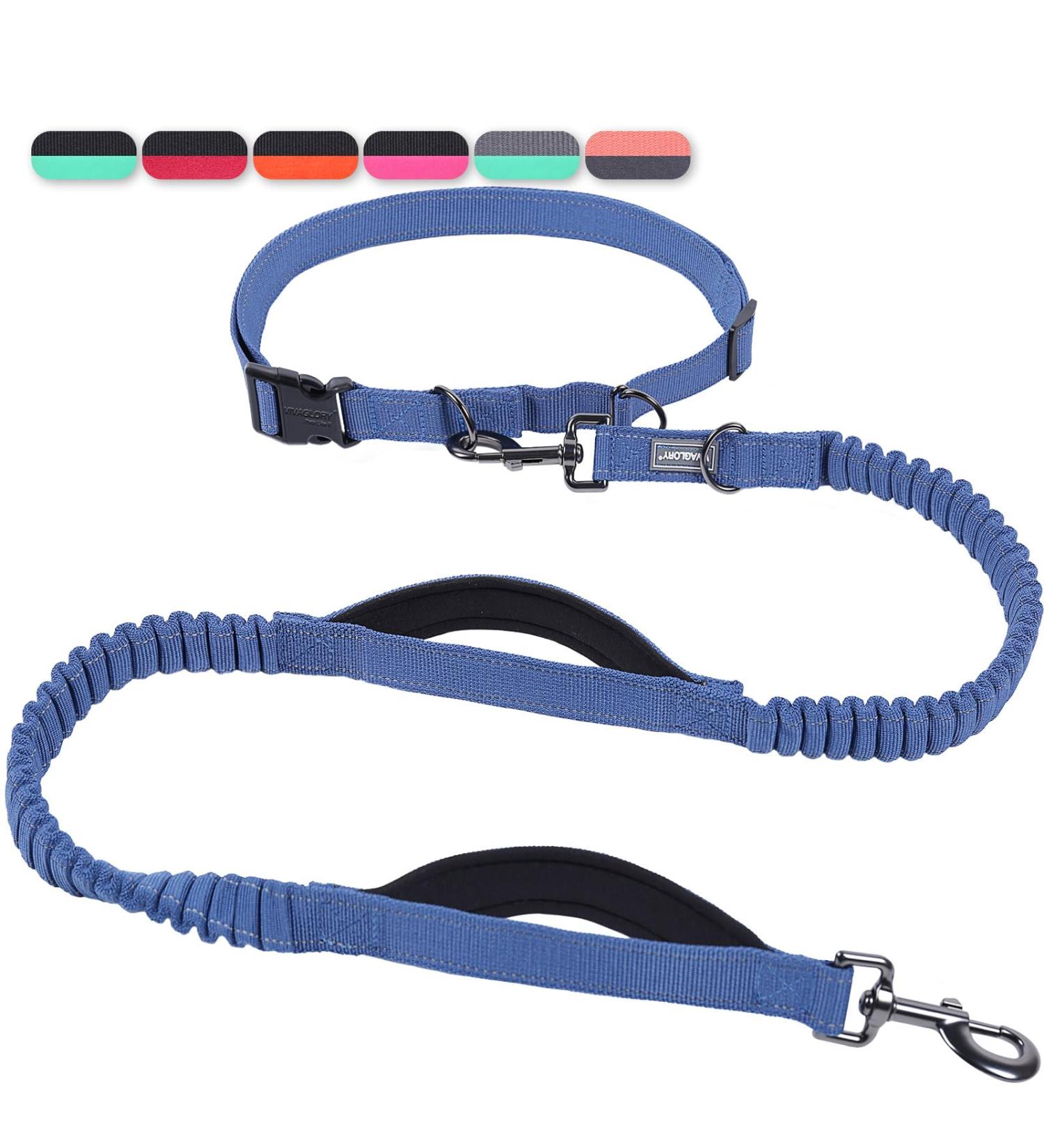 Vivaglory Free-Handed Dog Leash - Double Anti-Shock Bungees & Padded Handles | Reflective Waist Running Leash for Medium & Large Dogs | Adjustable 83-147cm Navy/Black - Buy Online on GoSupps.com