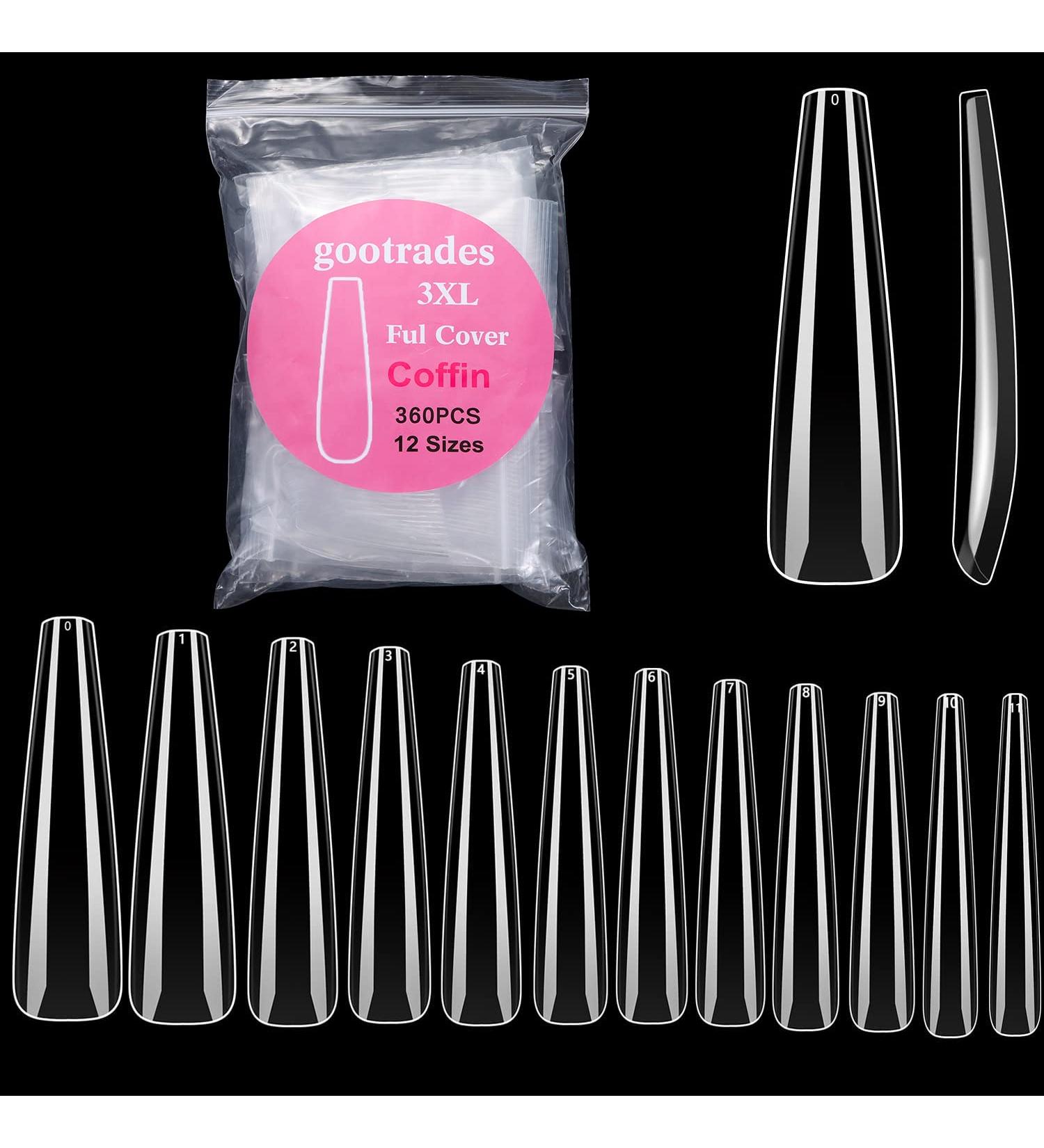 gootrades XXXL Coffin Nail Tips - 360pcs 3XL Extra Long 54mm Sharp Full Cover Clear False Nails | Press On DIY Manicure & Salon Use | 12 Sizes 0-11 - Buy Online on GoSupps.com