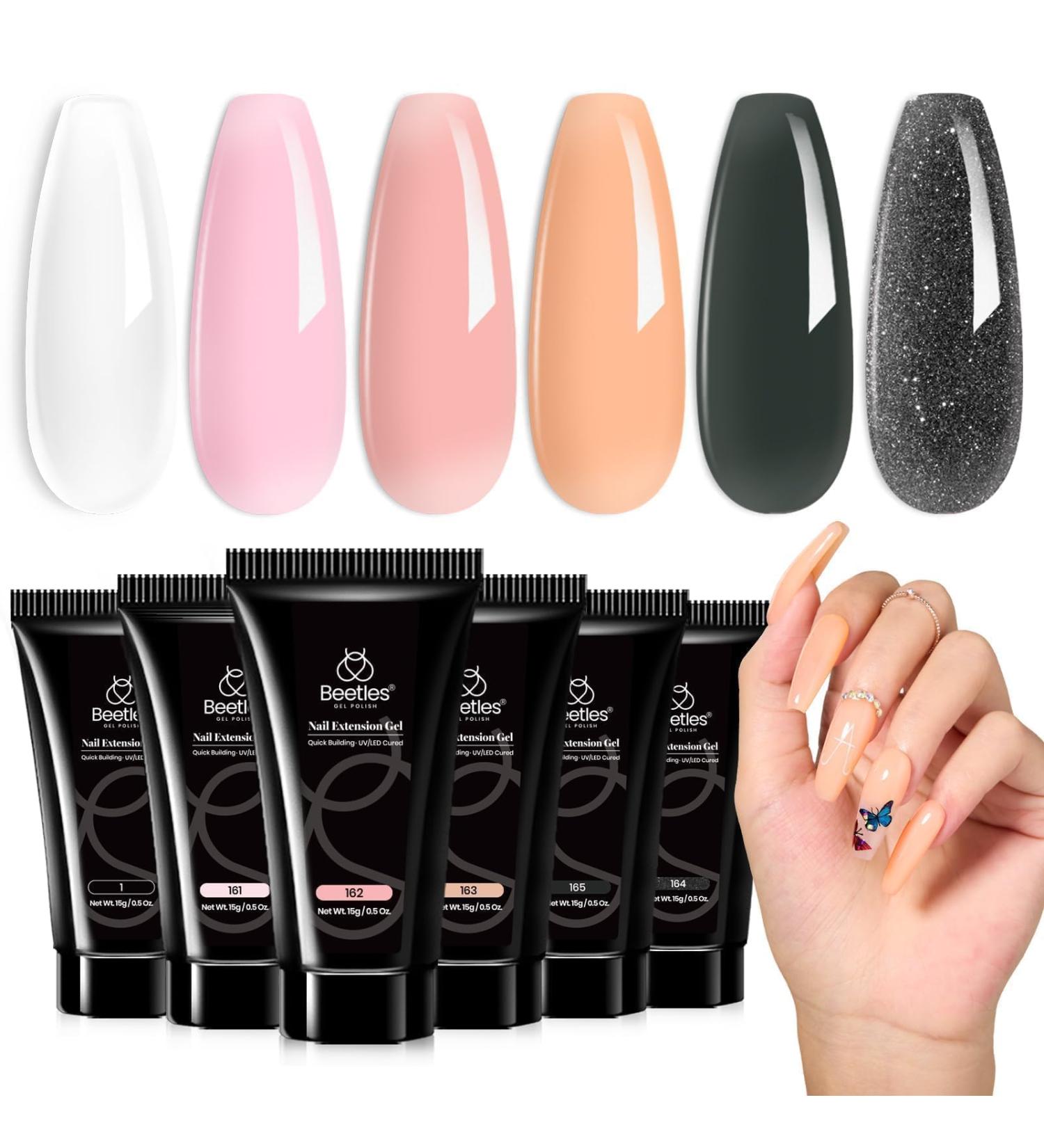 Beetles Poly Nail Extension Gel Kit - 6 Colors Quick Building Nail Enhancement DIY Nail Art Manicure Gift - Clear Pink Nude Grey Glitter - Buy Online on GoSupps.com