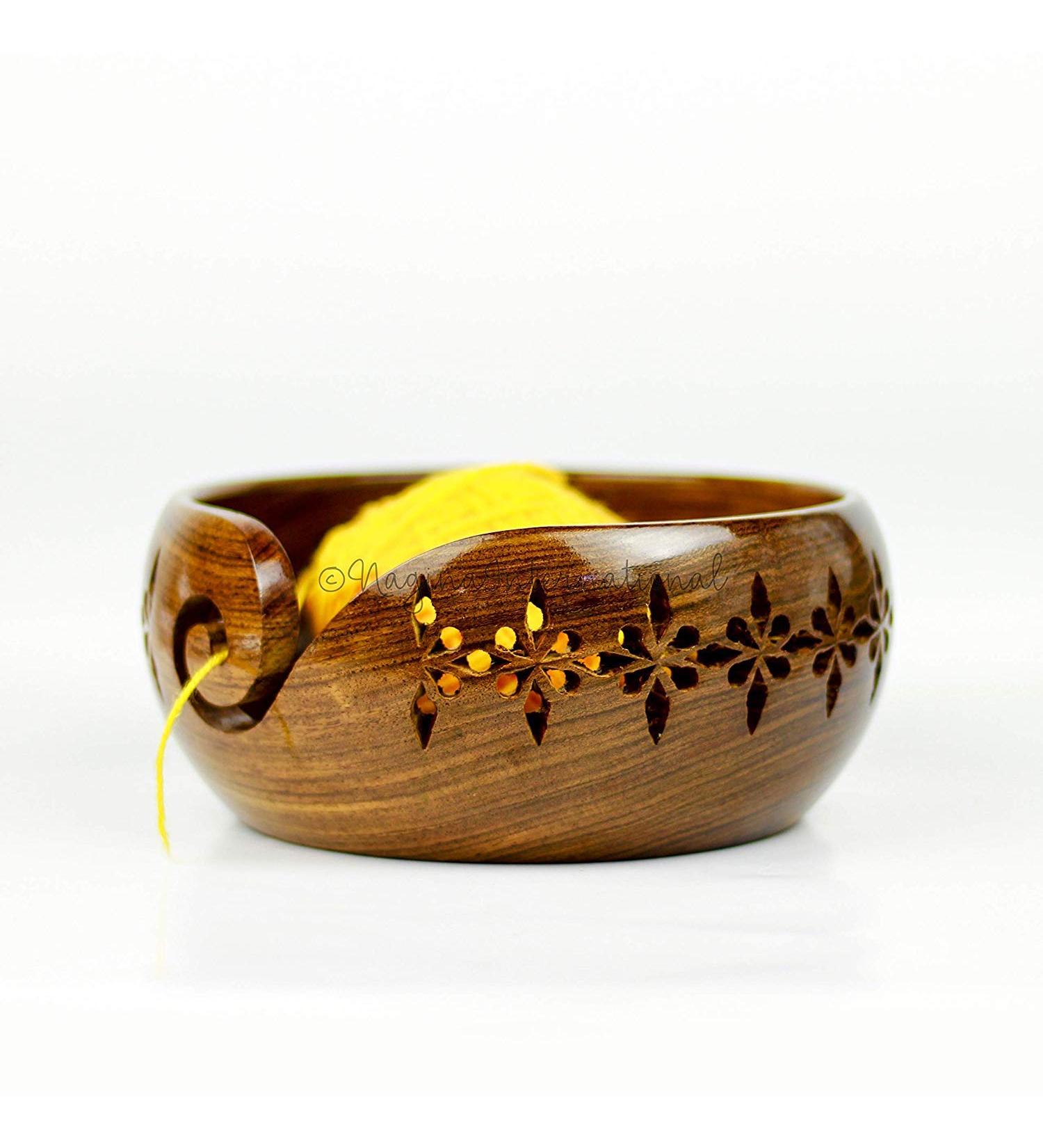 Rosewood Yarn Storage Bowl with Carved Holes | Knitting Crochet Accessories - Medium | Nagina International - Buy Online on GoSupps.com