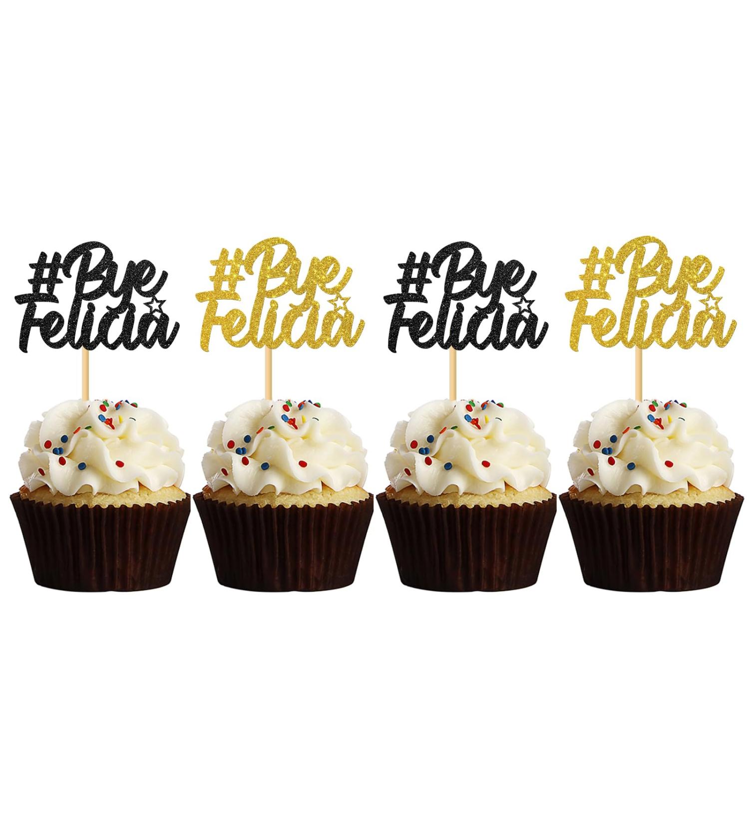 MonMon & Craft Bye Felicia Cupcake Toppers - Retirement Job Change Cupcake Toppers - Farewell Party Sign Dessert Decor Going Away Graduation Divorce Party Decorations Black Gold Glitter - 24 Pcs - Buy Online on GoSupps.com