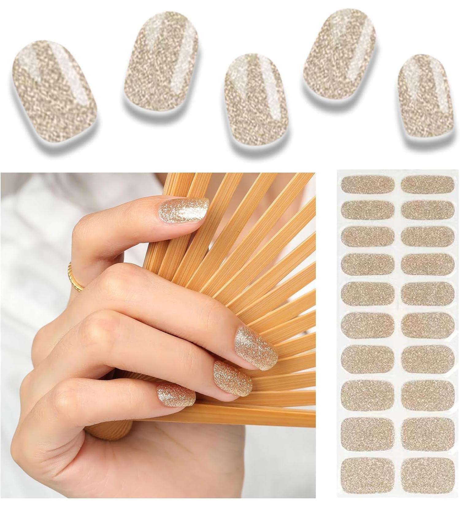 Foyute Semi Cured Gel Nail Strips 20 Pcs Soft Self-Adhesive Gel Nail Polish Wraps Sticker for Salon-Quality Manicure Set Long Lasting Easy to Apply & Remove Nail File & Wooden Stick Gold Glitter - Buy Online on GoSupps.com