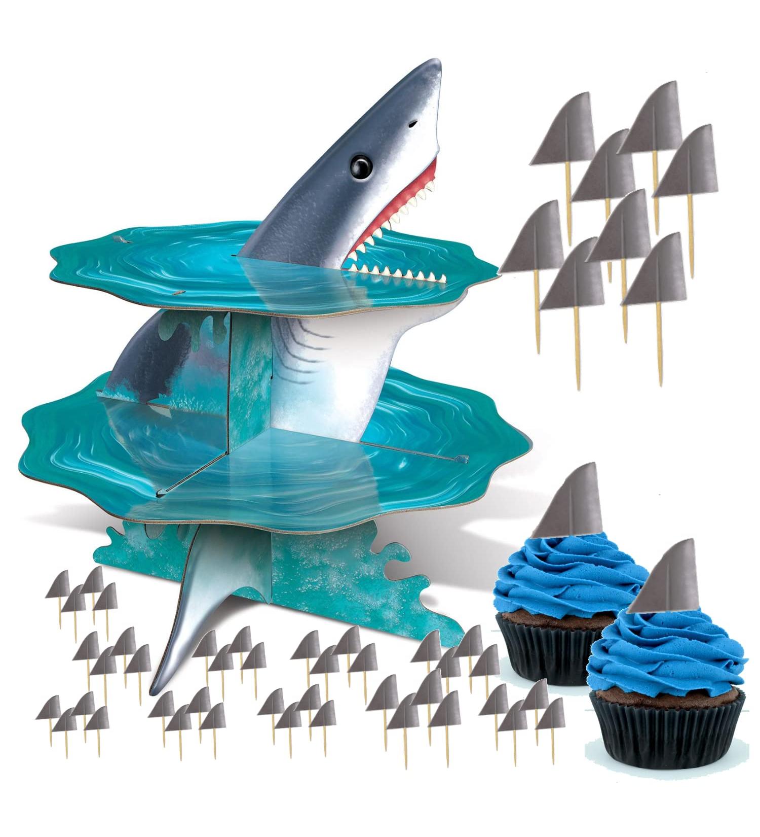 Shark Party Decorations - Shark Cupcake Stand with Shark Cupcake Topper Fin Picks - Shark Party Supplies for Your Shark Themed Birthday Party School Party Undersea Party - Buy Online on GoSupps.com