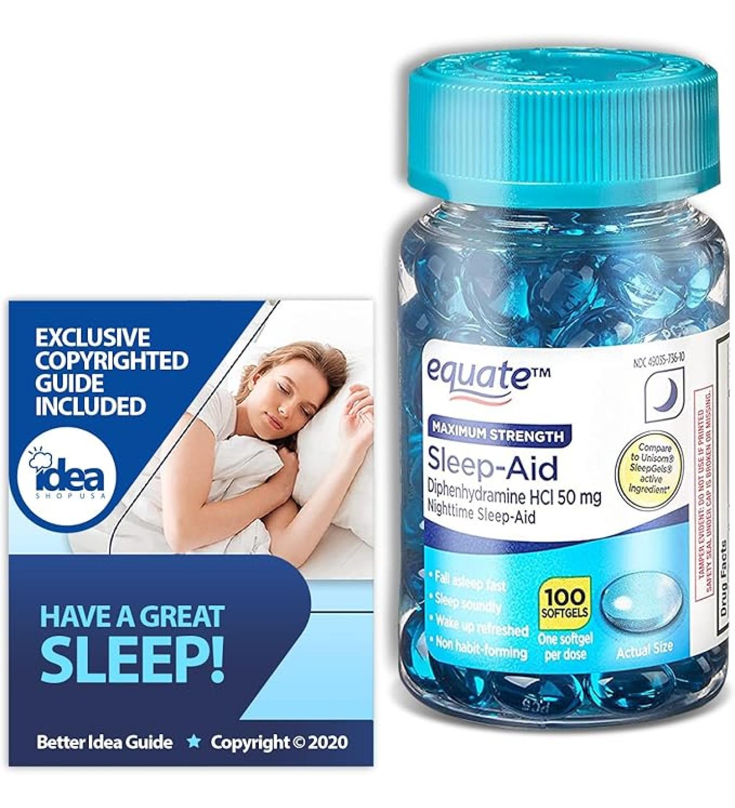 Equate Maximum Strength Sleep-Aid Softgels 50mg, 100 Ct Bundle with Exclusive Have a Great Sleep - Better Idea Guide (2 Items) - Buy Online on GoSupps.com