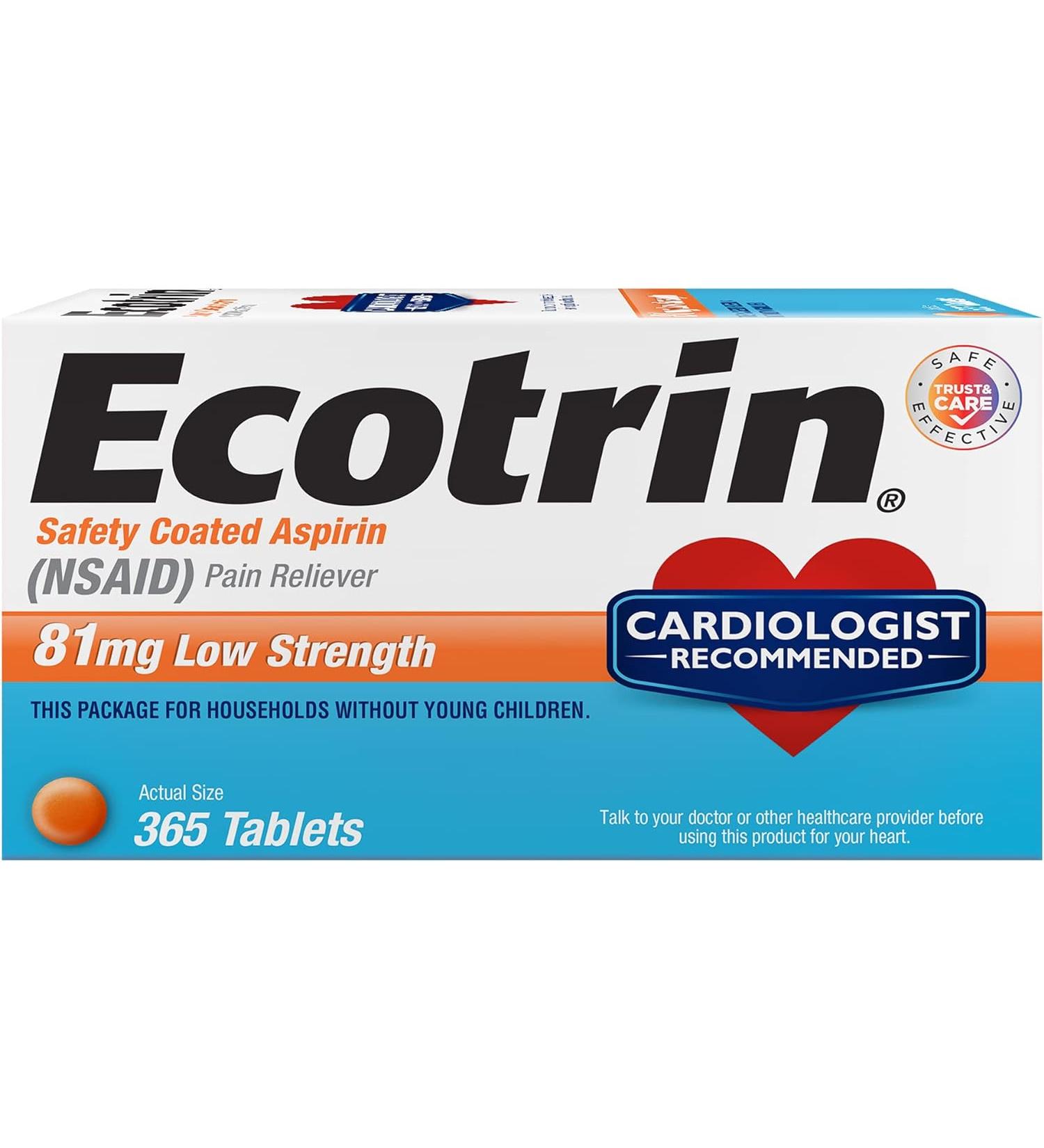 Ecotrin Low Strength Aspirin | 81mg | 365 Safety Coated Tablets | #1 Cardiologist Recommended - Buy Online on GoSupps.com